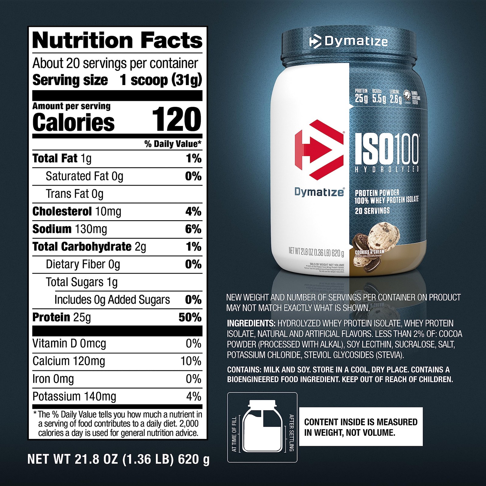 Dymatize ISO100 Whey Protein Isolate Cookies & Cream 25g Protein 20 Servings