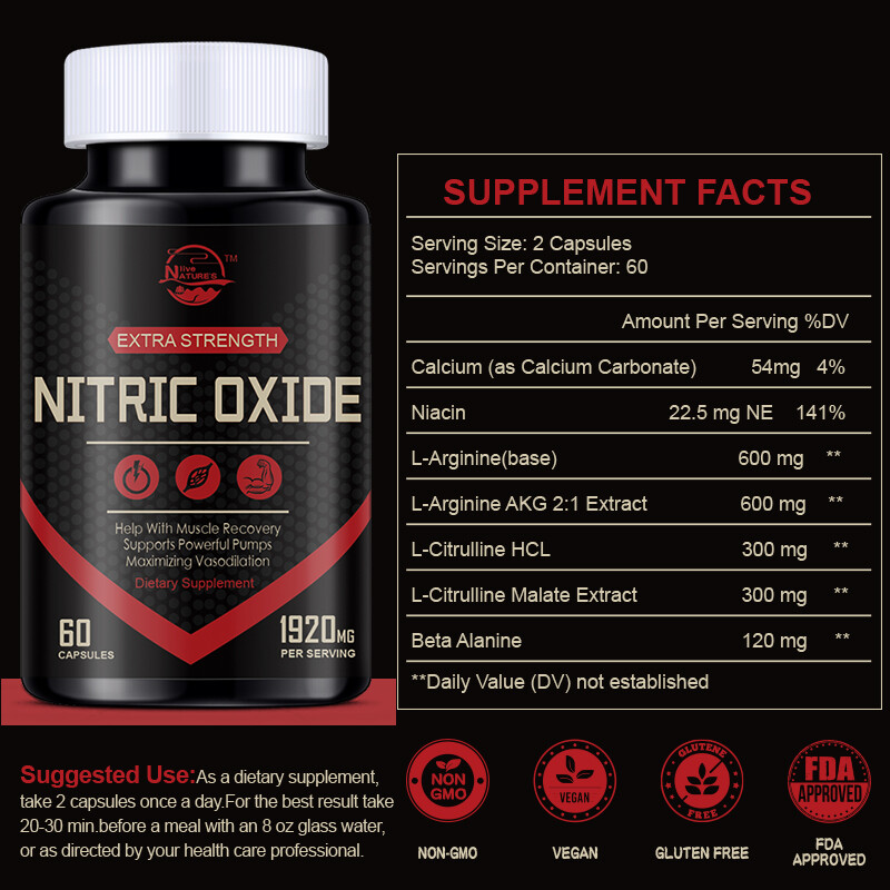 L-Arginine 60 Capsules Nitric Oxide, Testosterone Booster, ED Support 1920 mg