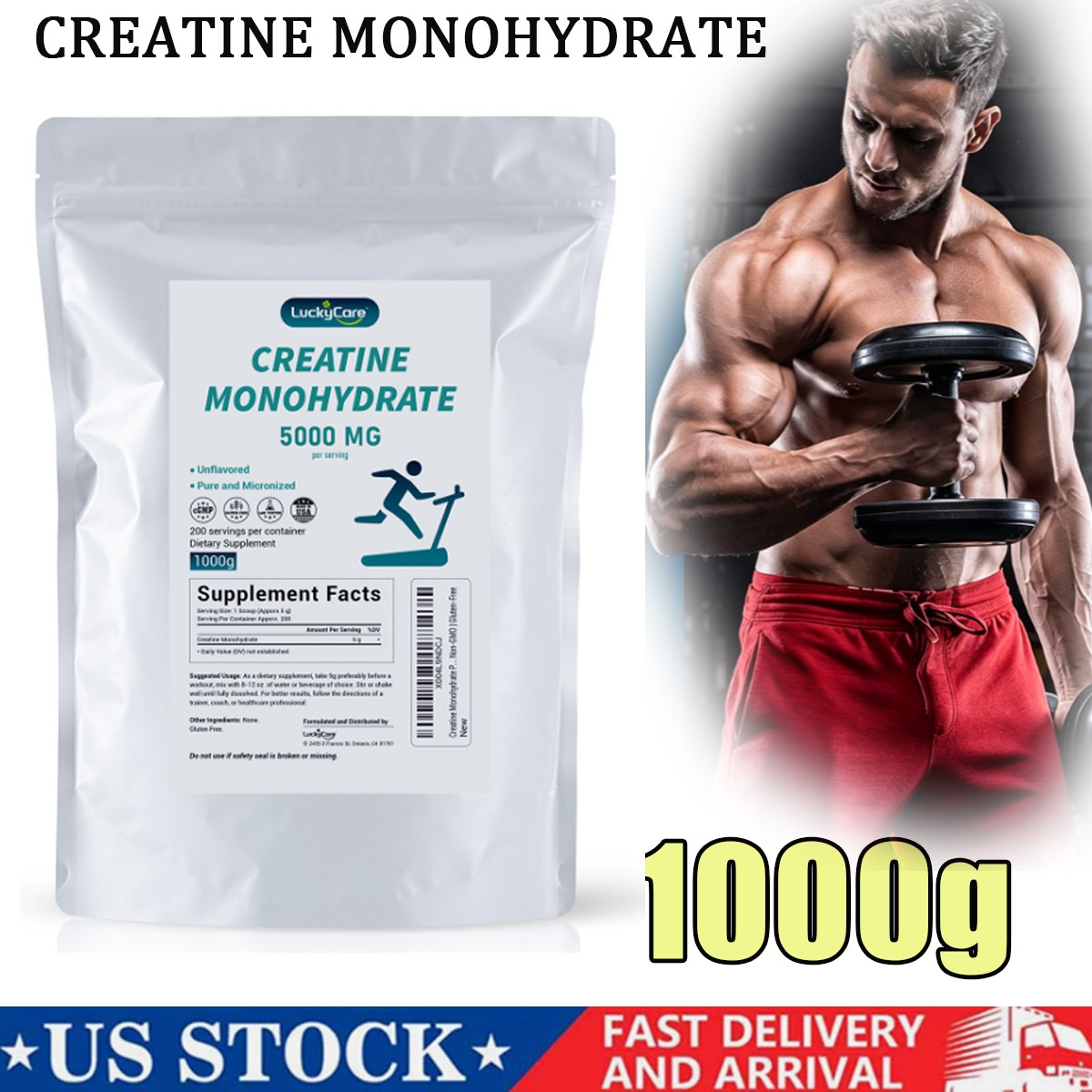 Creatine Monohydrate 100% Pure Powder 1000g (2.2 lb) Micronized Unflavored