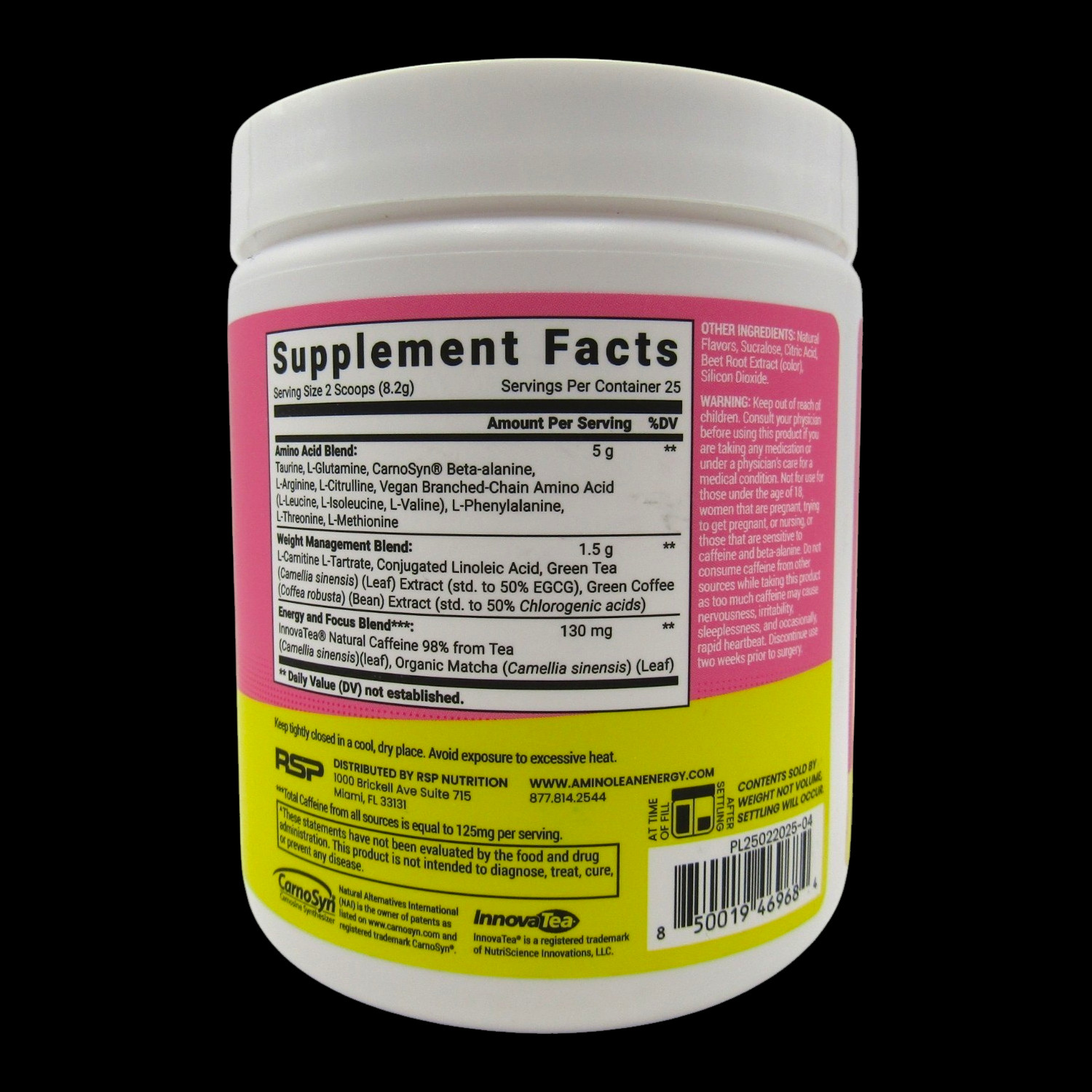RSP Amino Lean Pre-Workout Pink Lemonade Dietary Supplement 7.23 oz Exp 04/2027