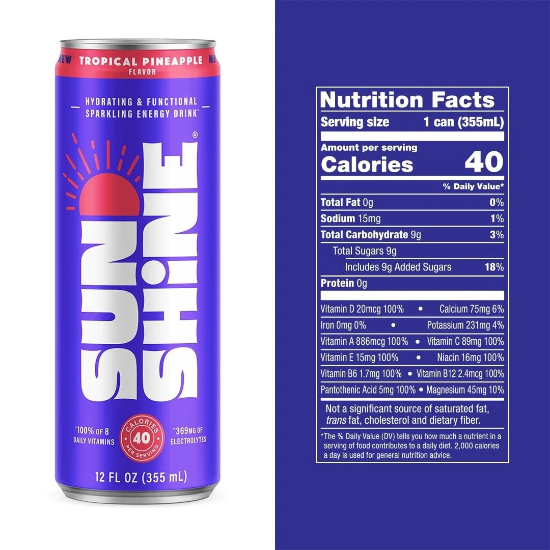 Sunshine Sparkling Energy Drink Tropical Pineapple with Daily Essential Vitam…