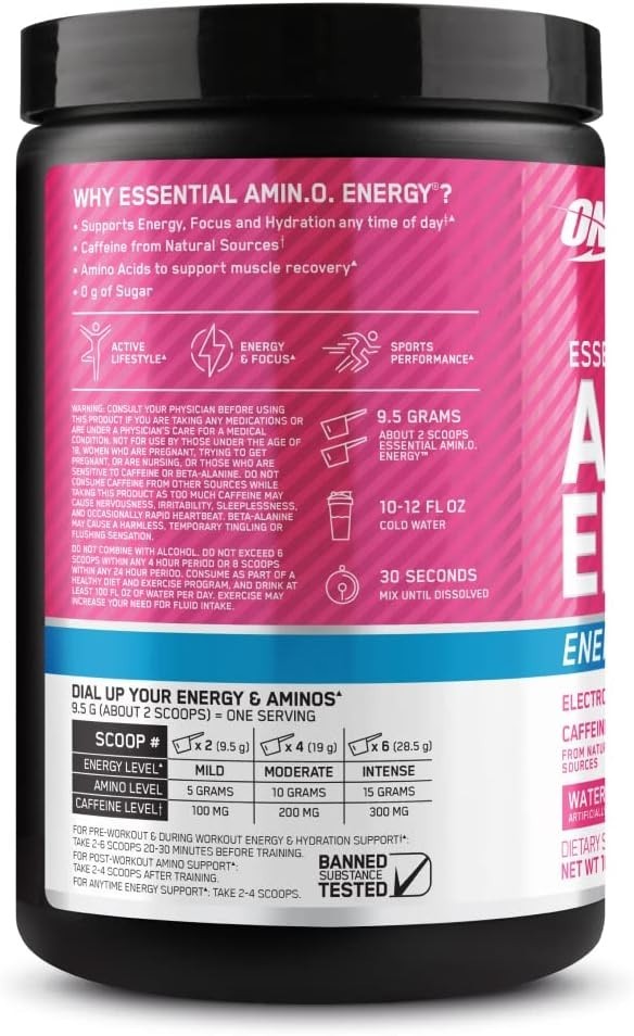 Hydrating Amino Energy Powder with Caffeine & BCAAs – Watermelon Flavor, 10.5 oz