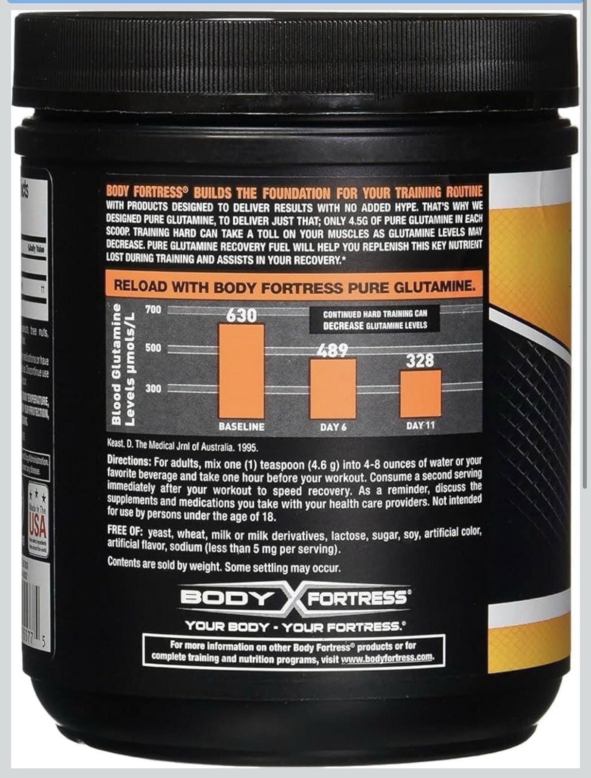 Body Fortress 100% Pure Glutamine Powder, 300g Jar (1ct), Nutrient Replenishment