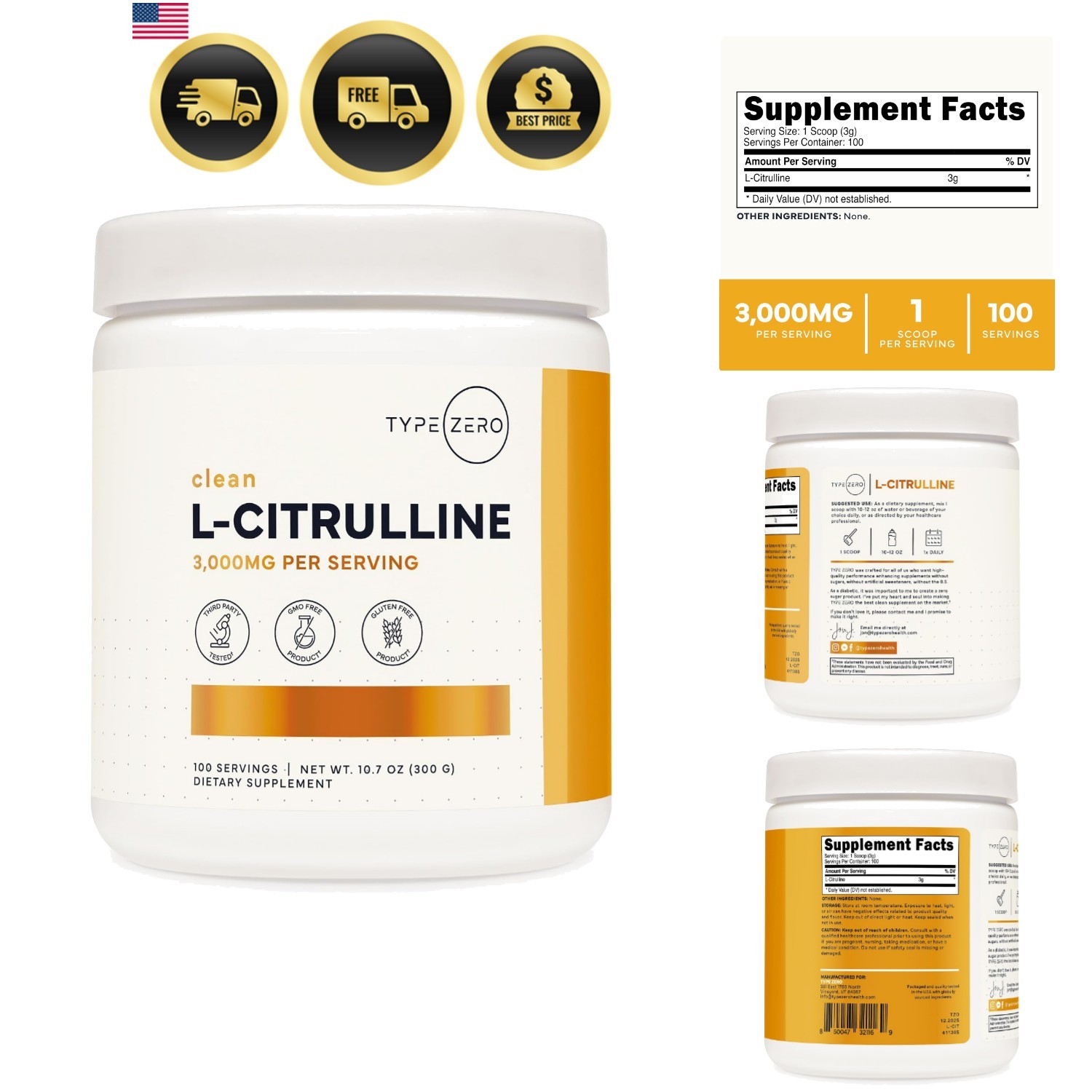 L-Citrulline Powder, 3000mg Pump Pre Workout, 100 Servings