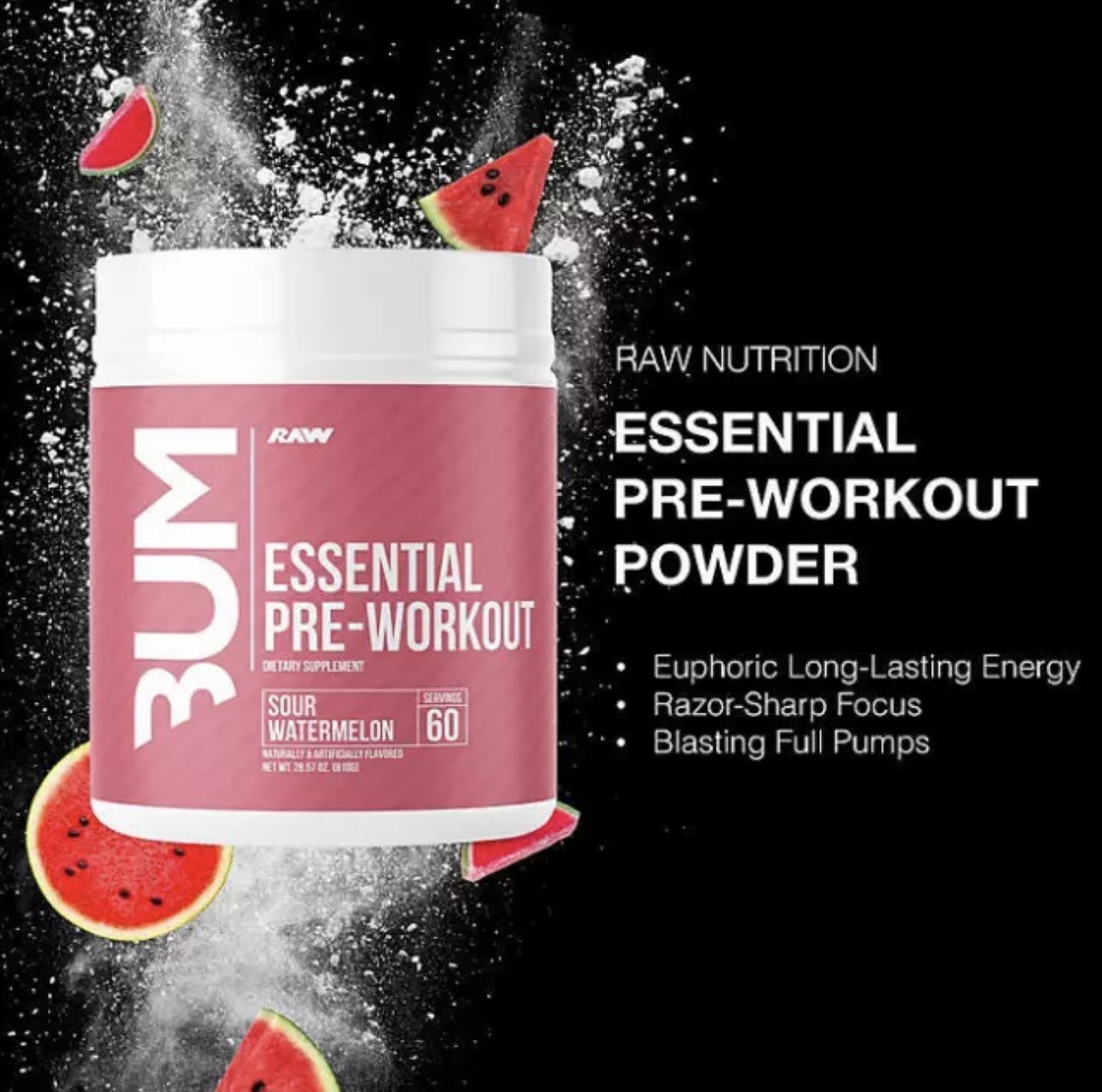 RAW Nutrition CBUM Essential Pre Workout Powder, Sour Watermelon 60 Servings