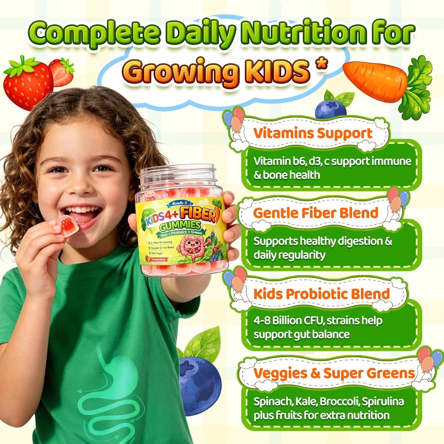 duwhot brand Kids Fiber Gummies 5g, Prebiotic Fiber Supplement with Probiotics