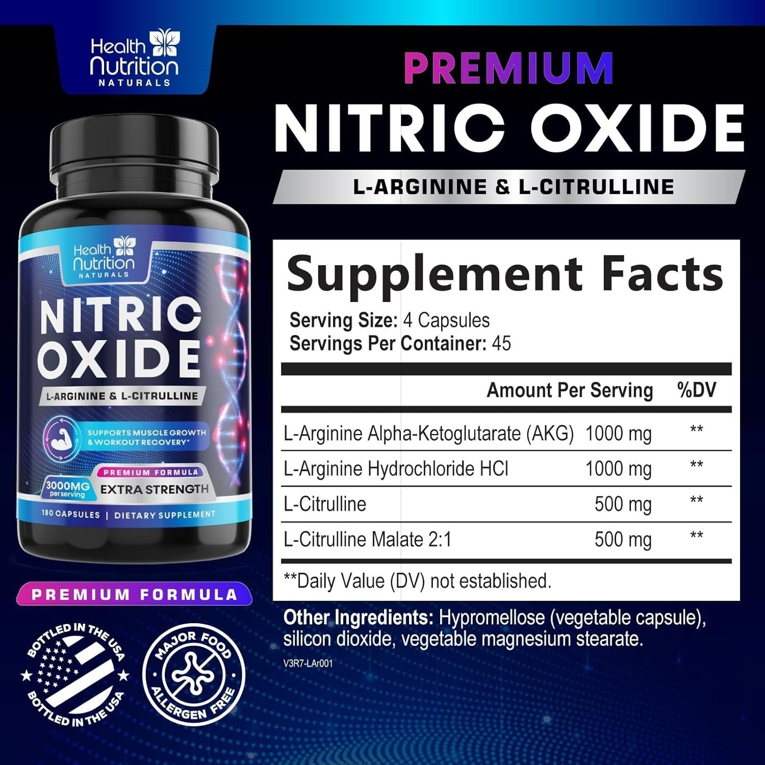 Nitric Oxide Booster w/ L-Arginine 2560mg Highest Potency Muscle Pump Supplement