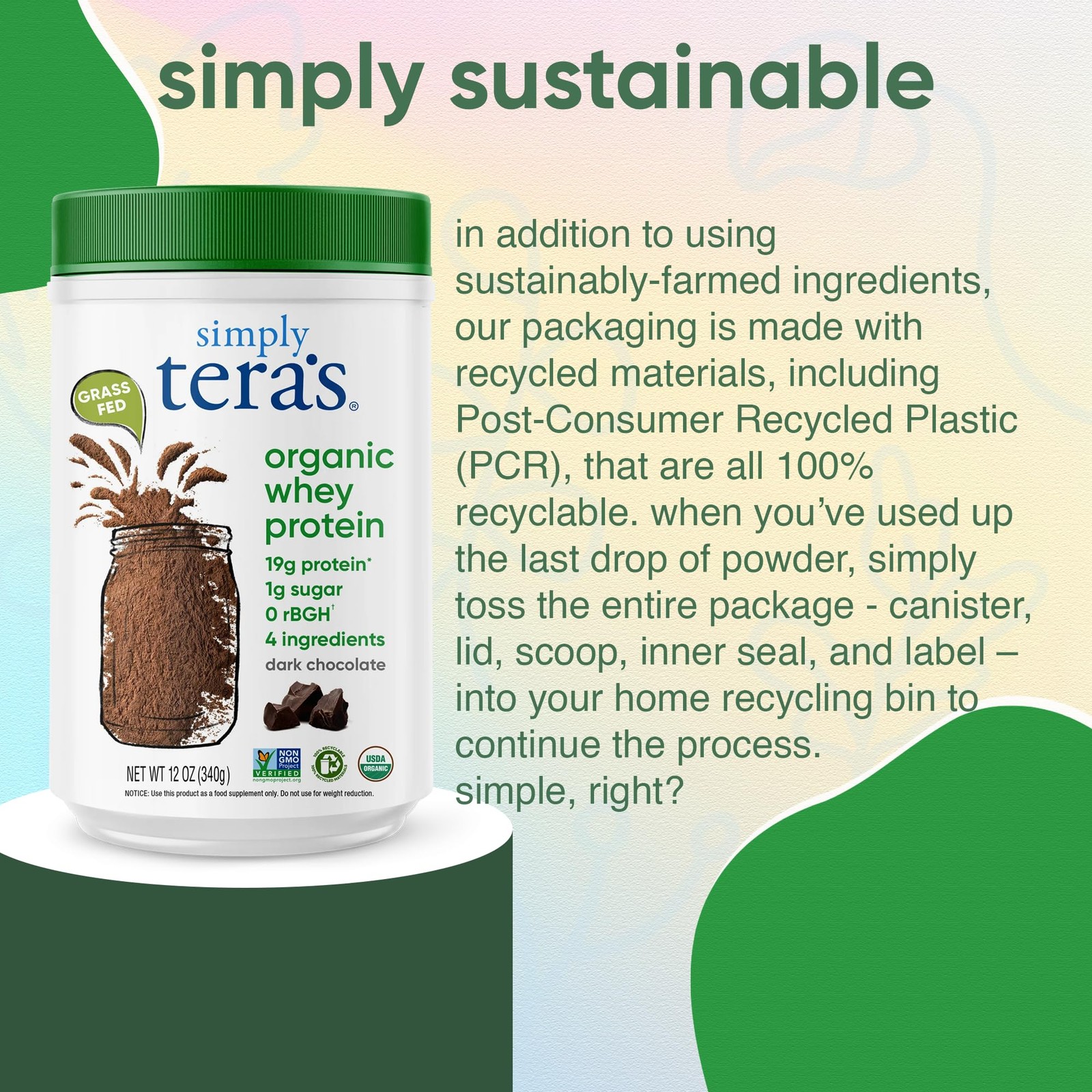 Simply Tera’s Organic Grass-Fed Whey Protein Powder, Dark Chocolate, 12 oz