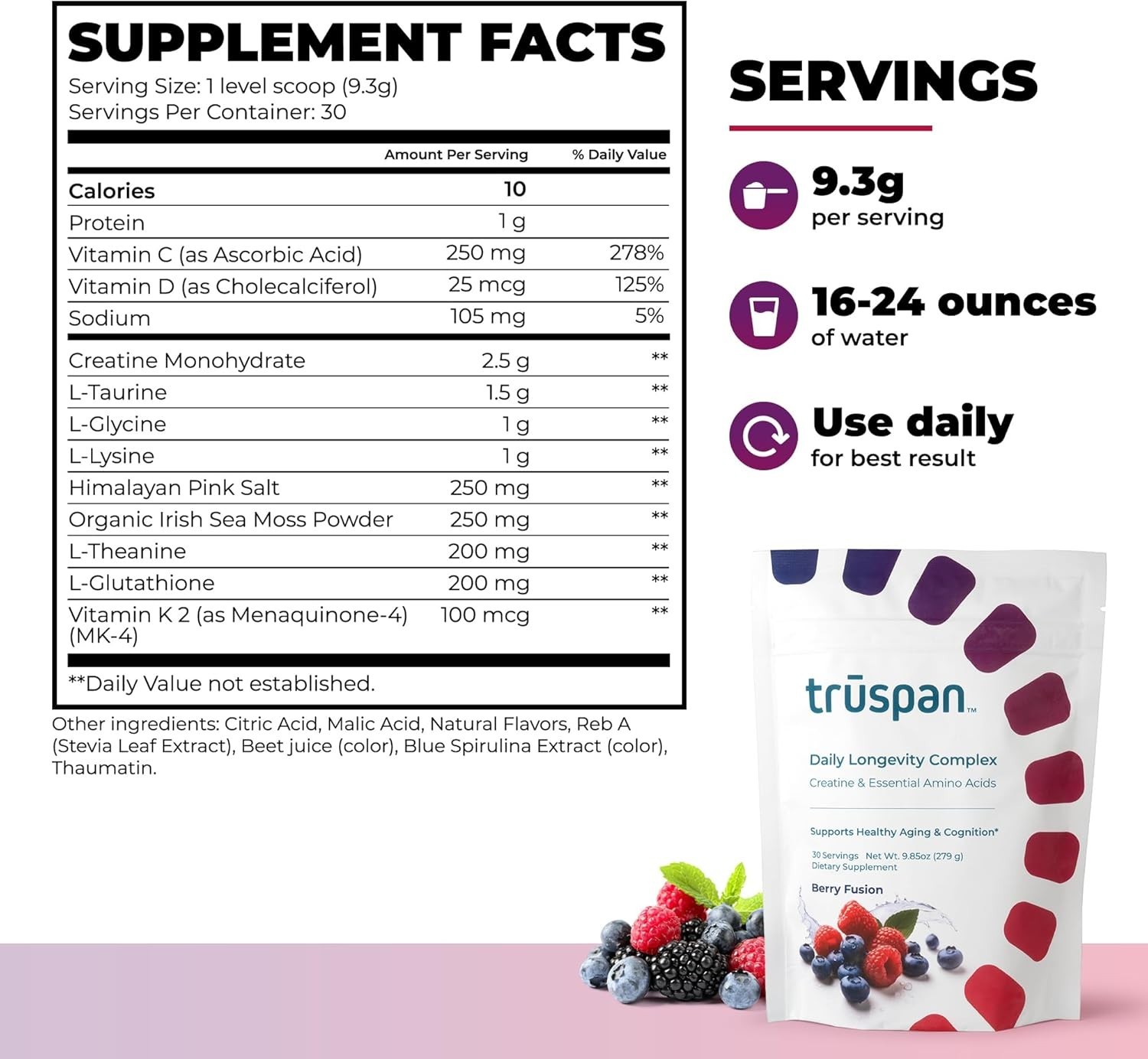 TruSpan Daily Longevity Complex Creatine Powder, with 9.85 Ounce (Pack of 1)