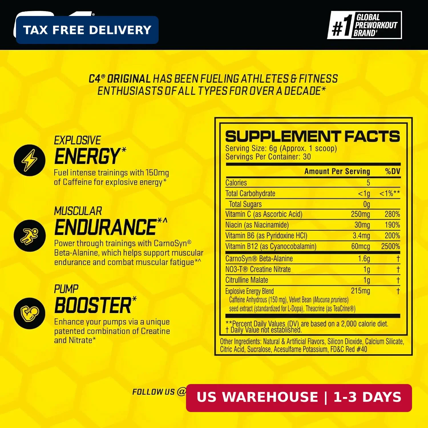 C4 Original Pre Workout Powder with 150mg Caffeine, 30 Servings