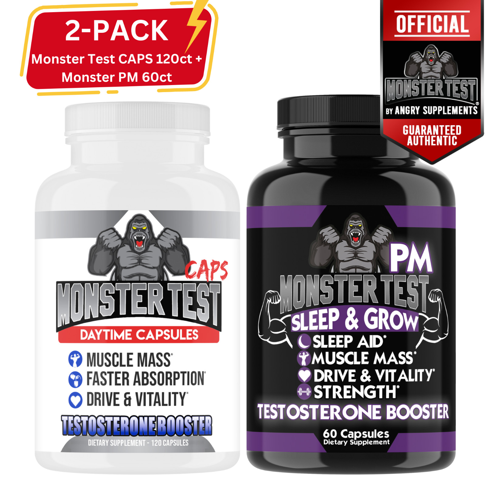 Monster Test CAPS 120CT + Monster PM 60CT Testosteron Booster Sleep Aid Pill 2PK