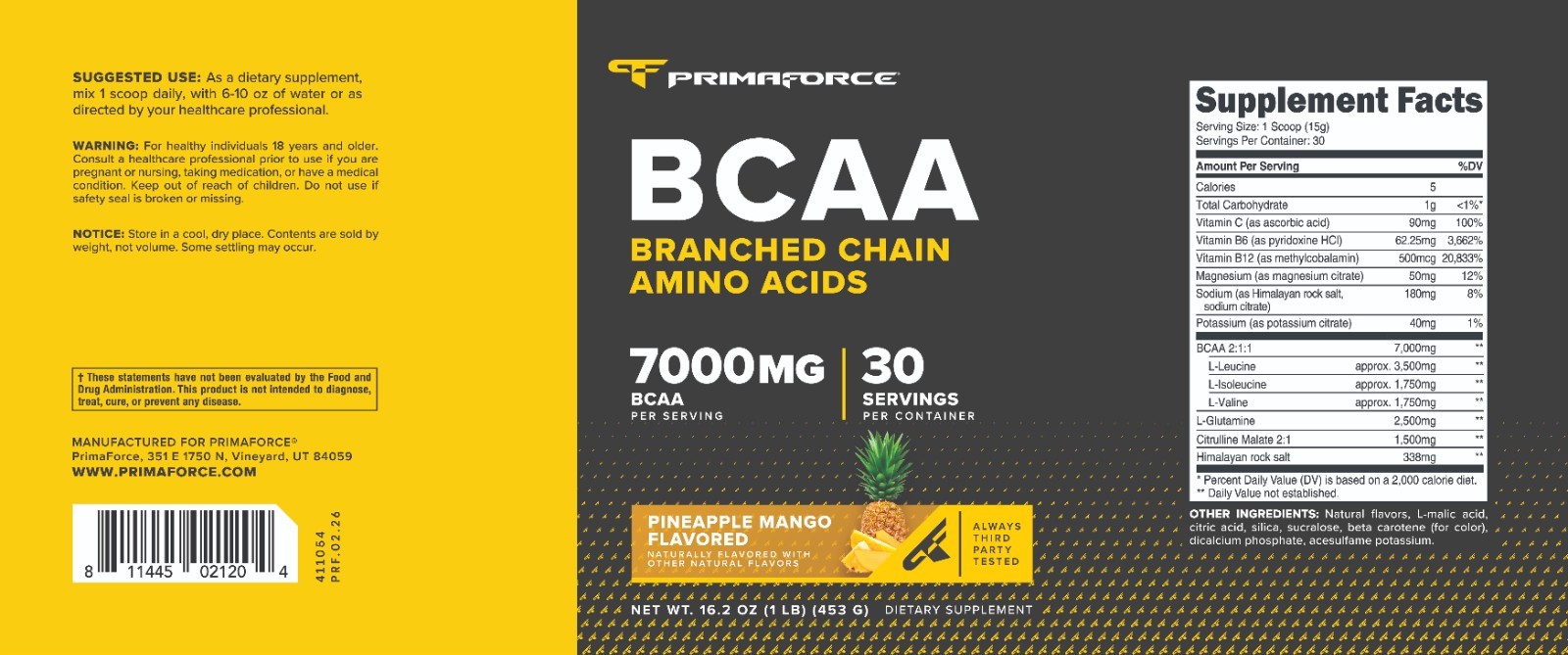 PrimaForce BCAA Powder (Pineapple Mango) – 2:1:1 BCAAs, Post-Workout Recovery