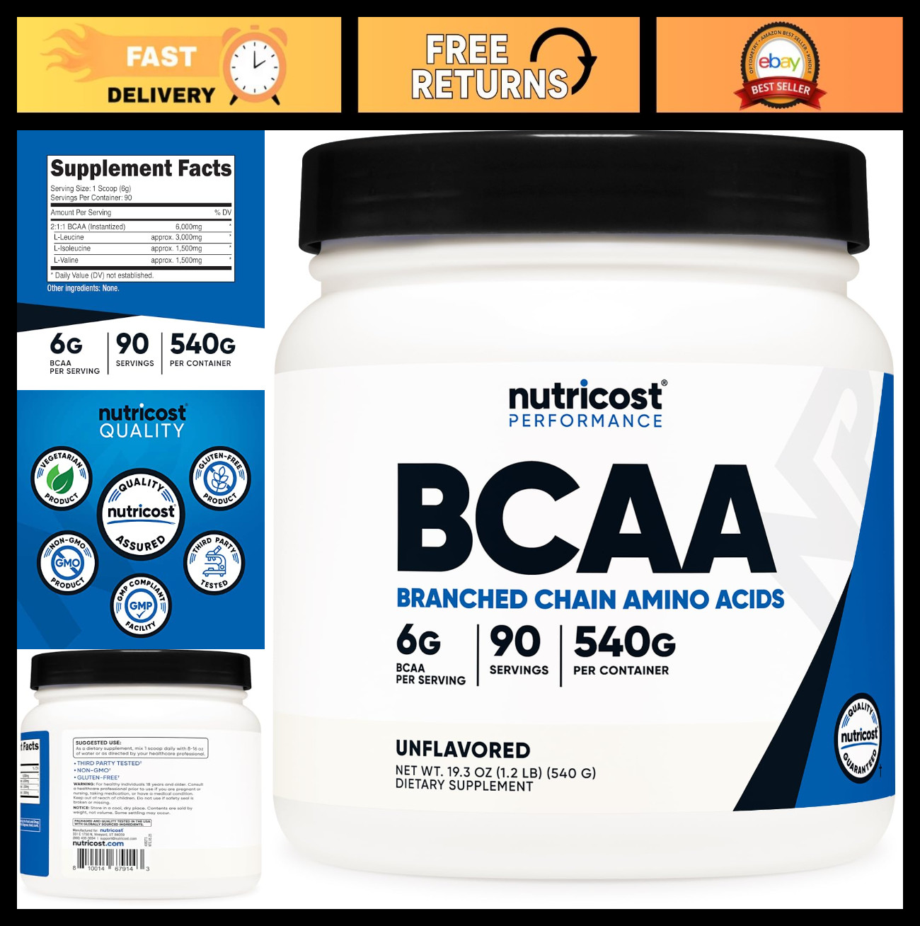 BCAA Powder 2:1:1 – 90 Servings, Unflavored Branched Chain Amino Acids Supplemen