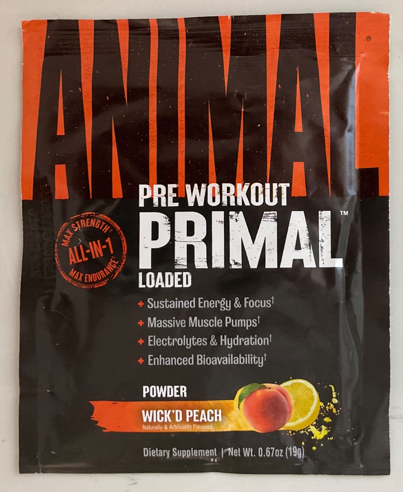 Animal Pre Workout Primal Loaded Wick’d Peach 0.67 oz Single Serving Exp 12/2026