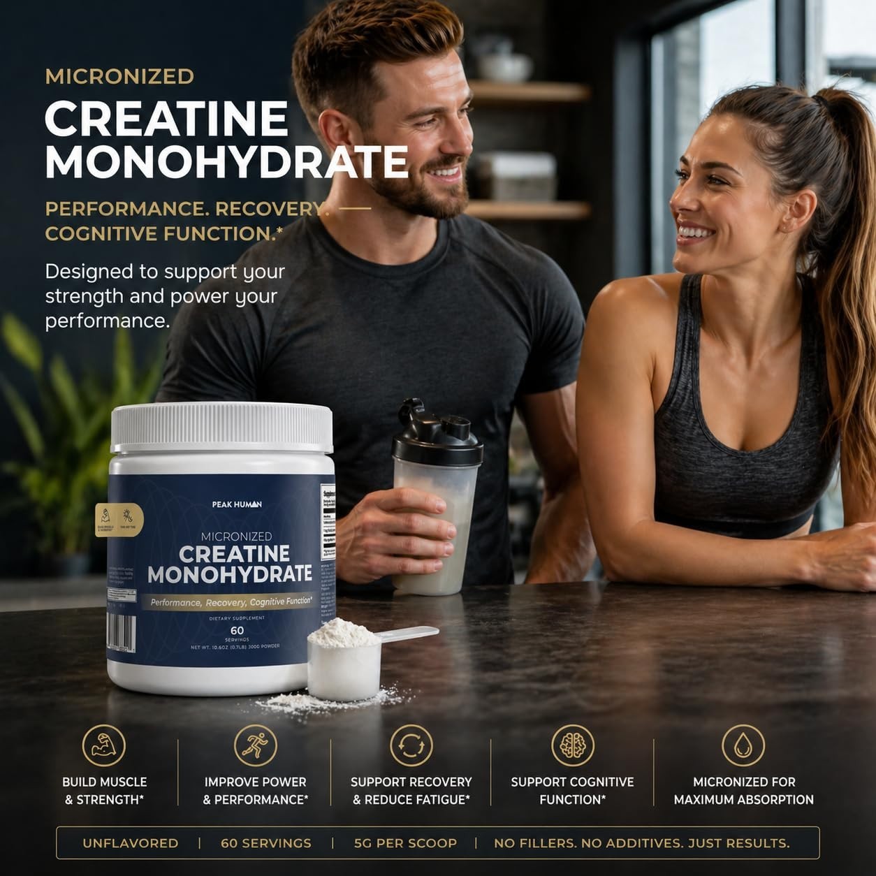 Pure Creatine Monohydrate Powder – Unflavored, Boosts Strength & Muscle Recovery
