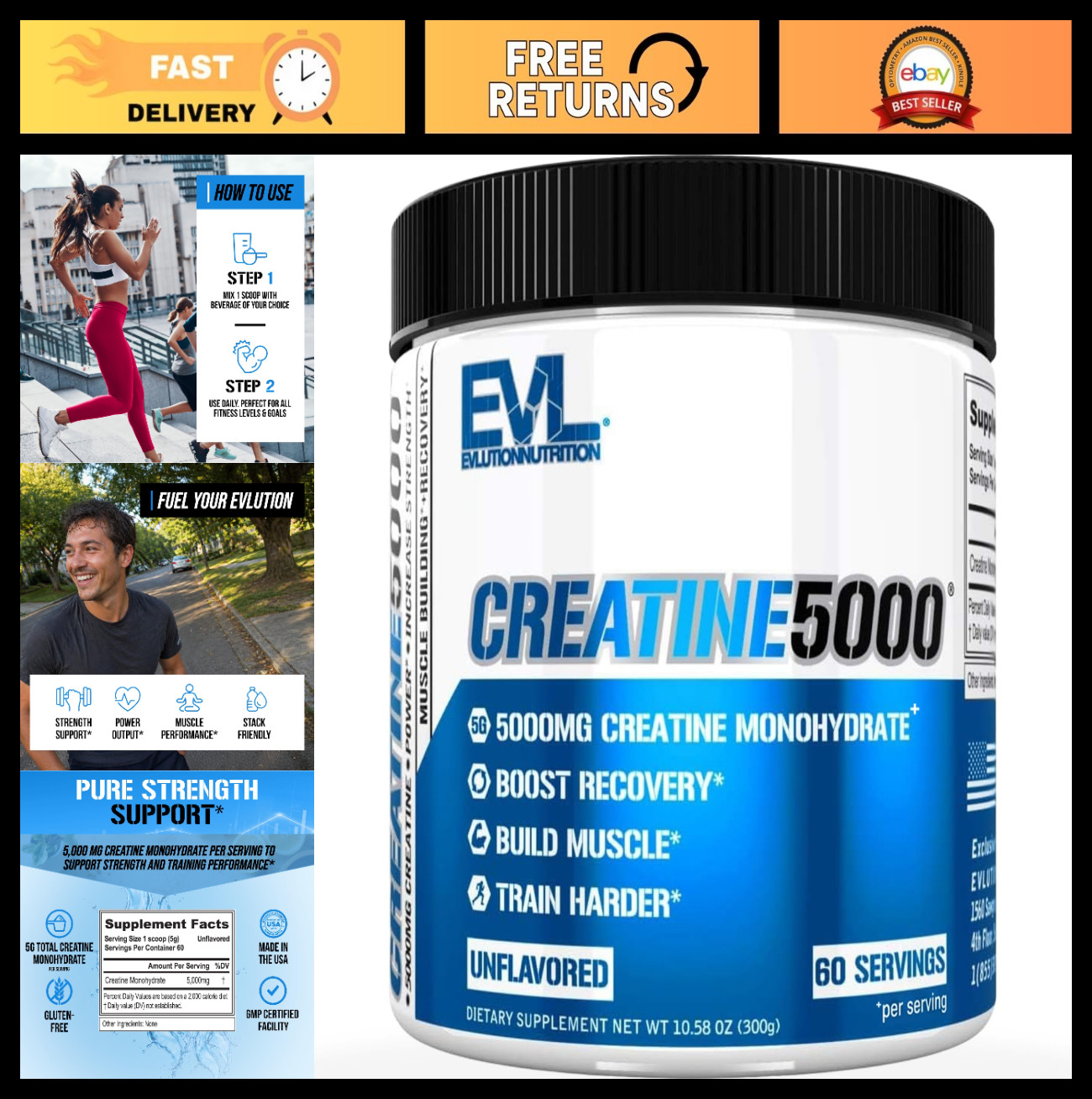 Pure Creatine Monohydrate 5000mg – 60 Servings Unflavored | Boost Recovery & Mus