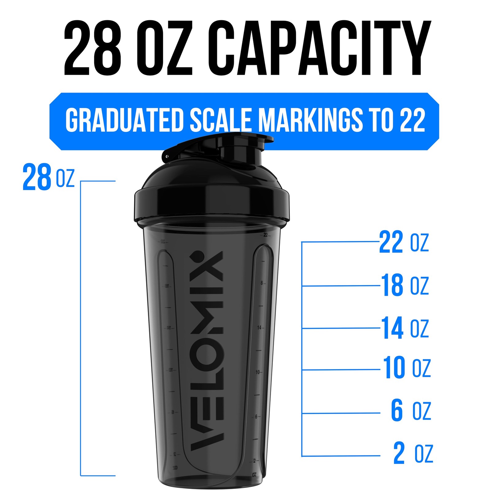 VELOMIX 2 Pack 28oz Protein Shaker Bottle for Protein Mixes, Black/Transpar | 2x