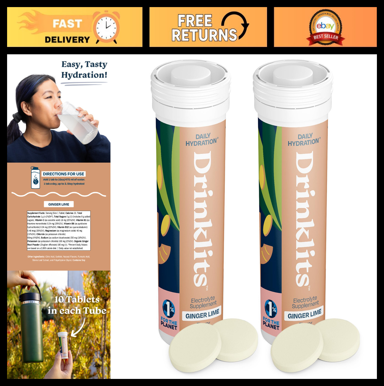Organic Ginger-Lime Hydration Tablets Bundle | 20 Servings, 0g Sugar, Electrolyt