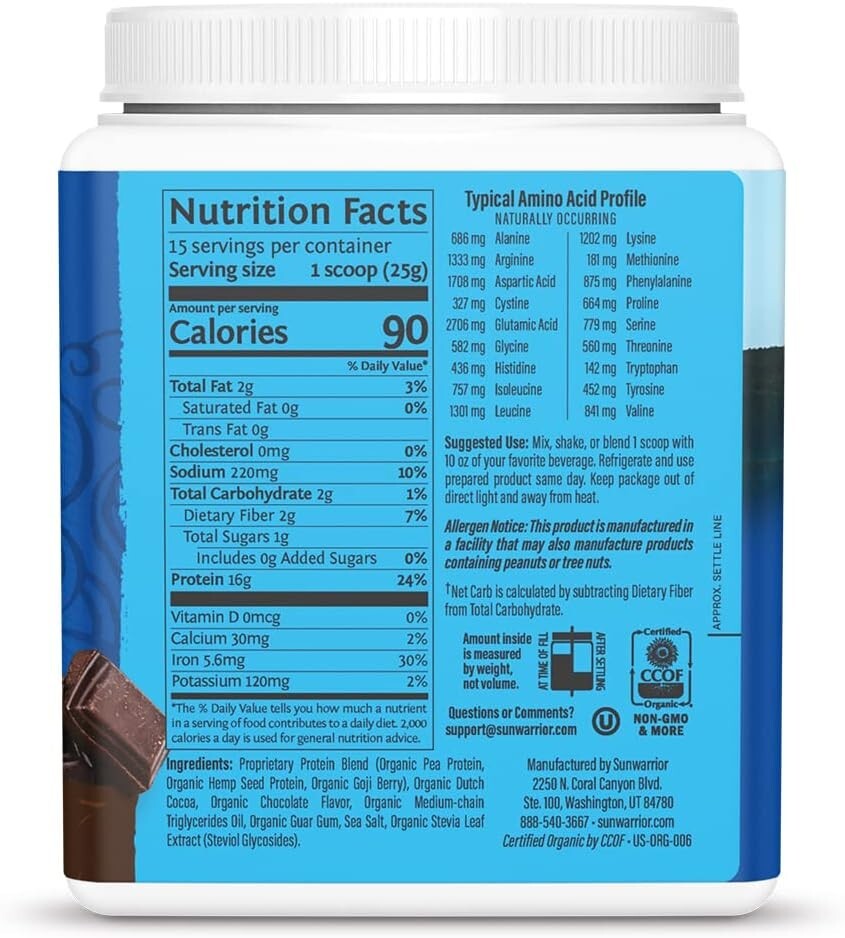 Sunwarrior Vegan Protein Powder with BCAA Organic Hemp Seed Protein, 375g