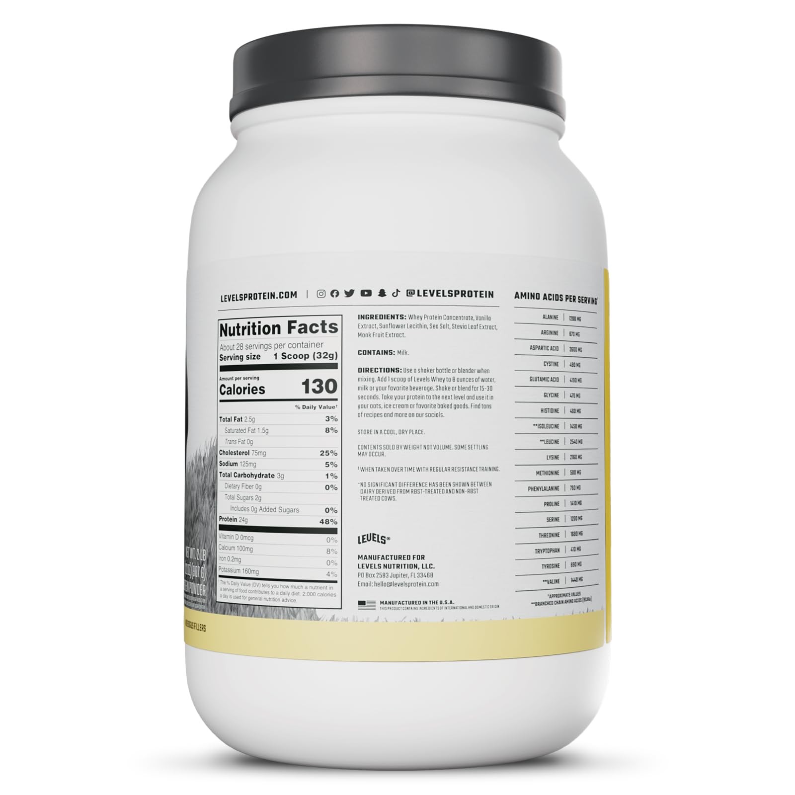 Levels Grass Fed Whey Protein Powder, No Artificials, 24G 2 Pound (Pack of 1)