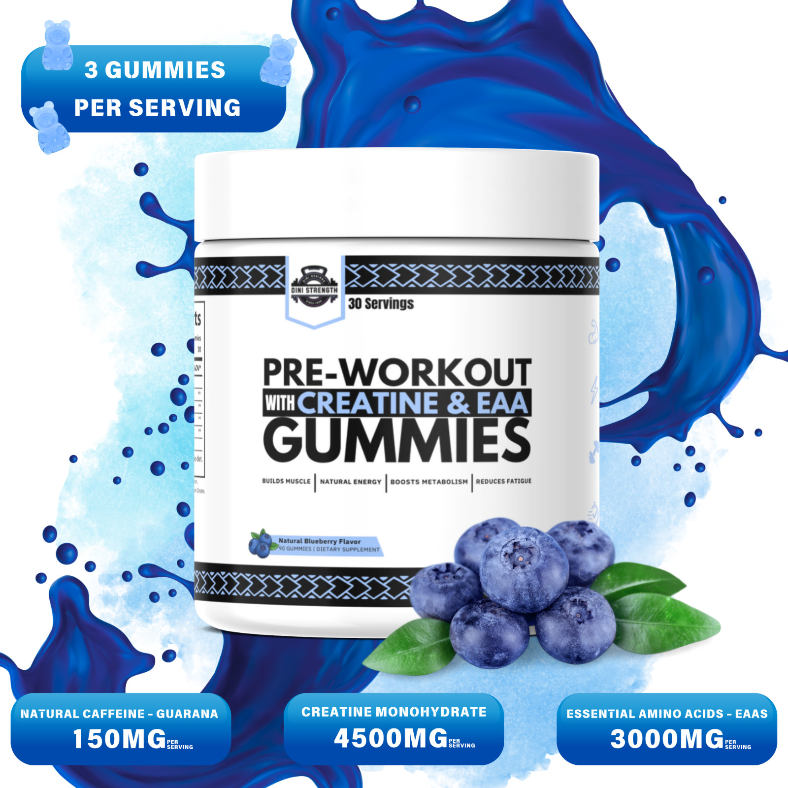3-in-1 Pre-Workout Gummies Blueberry | Vegan Non-GMO | 150mg Caffeine + 4.5g Cre