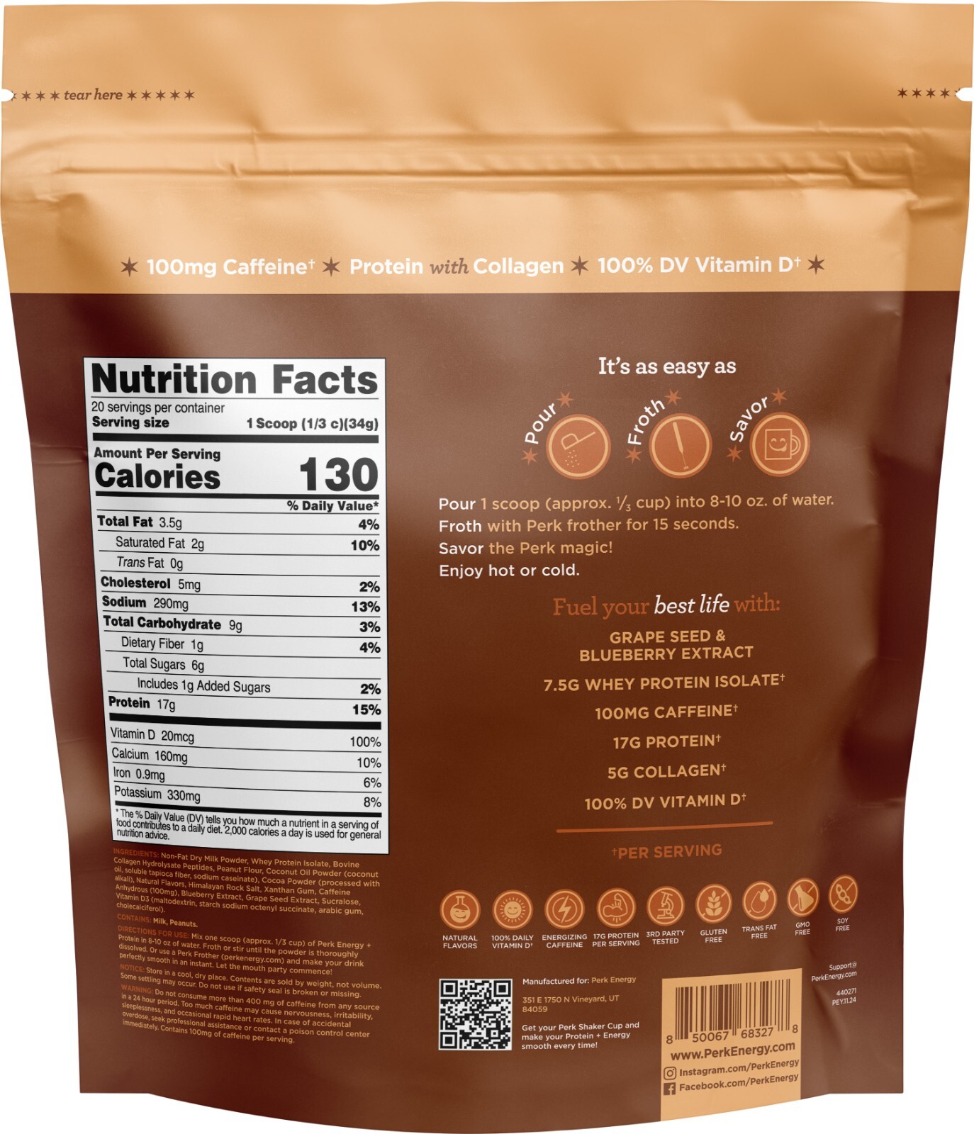 Perk Energy + Protein 20 Serving Chocolate Peanut Butter Flavored Drink Mix