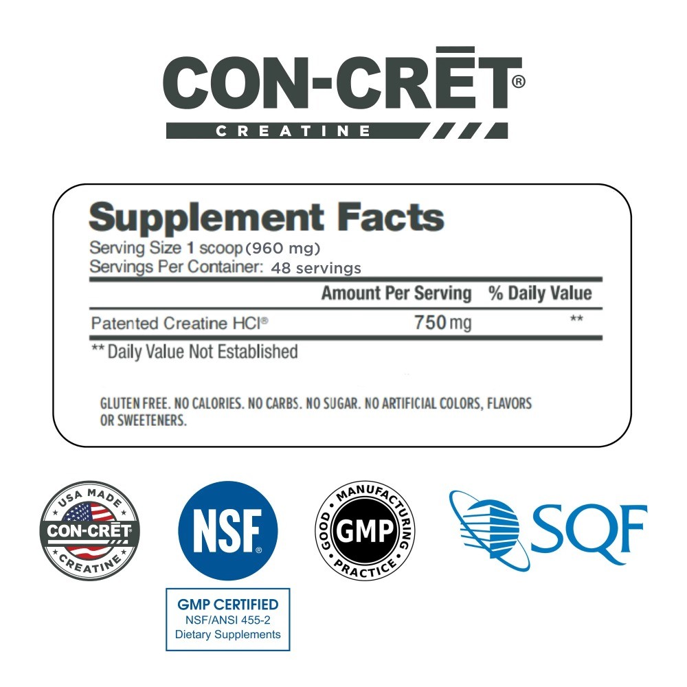 CON-CRET Patented Creatine HCl Lemon Lime Powder, Workout Supplement,48 Servings