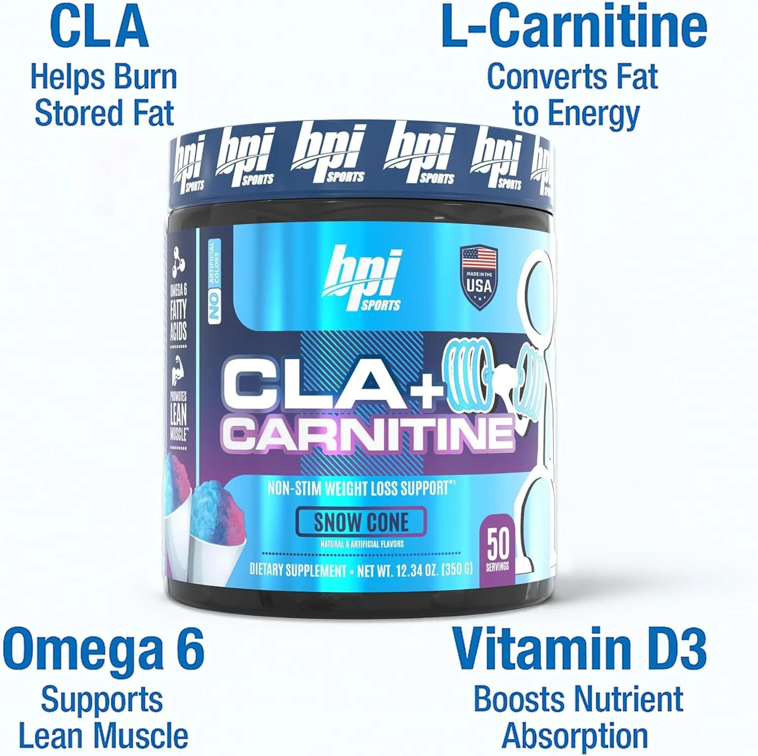 BPI Sports CLA + Carnitine Powder, Snow Cone, 50 Servings, Weight Loss & Lean Mu