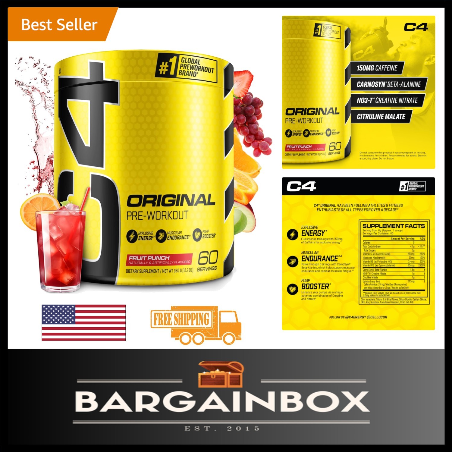 Sugar-Free Pre Workout Powder – Fruit Punch, 60 Servings for Energy