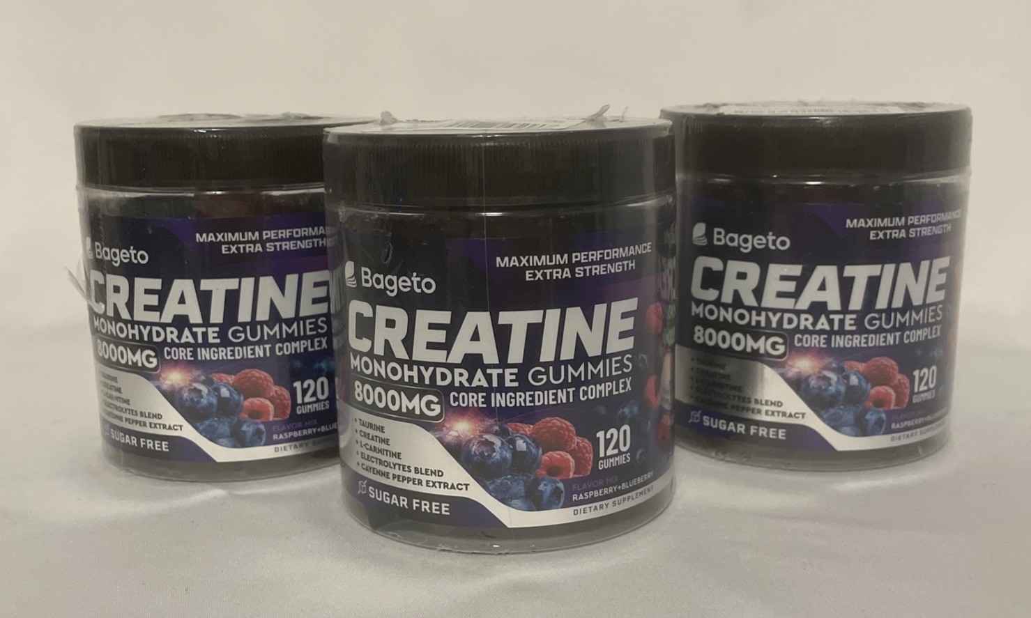 LOT OF THREE Bageto CREATINE Monohydrate Gummies 8000mg Ras Blue 120 Exp 8/27