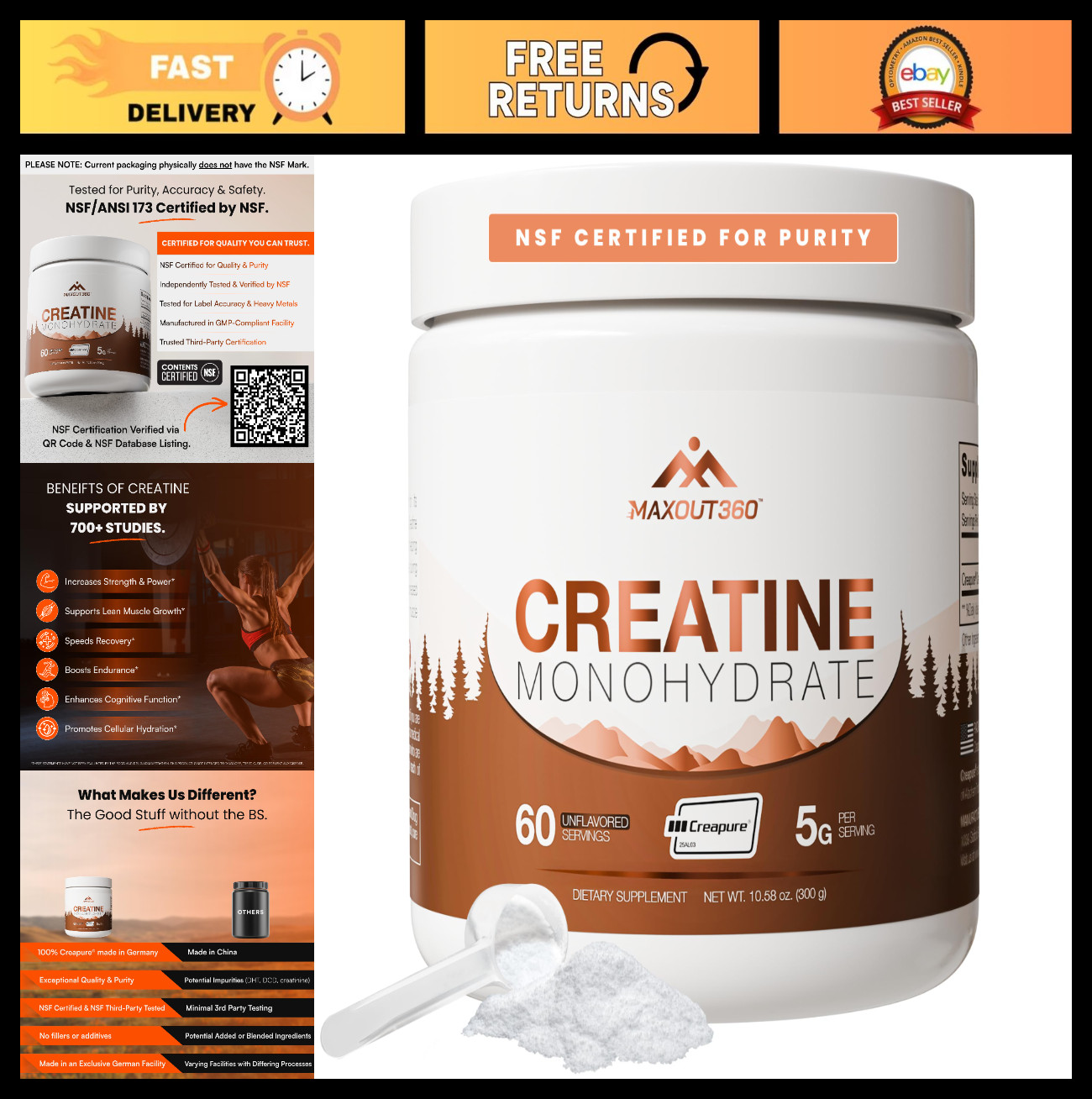 Pure Creatine Monohydrate Powder, 60 Servings, Unflavored, NSF Certified for Mus