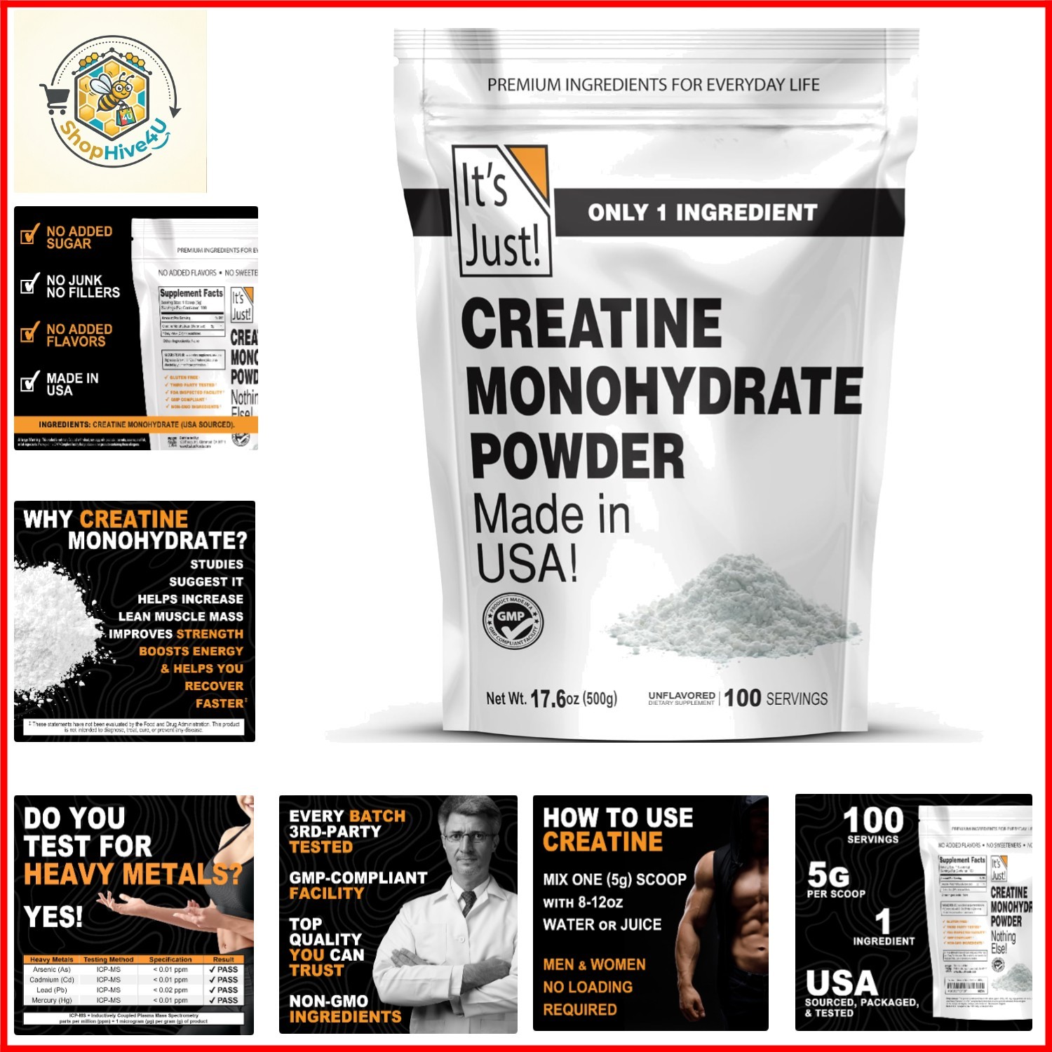Creatine Monohydrate Powder, Pure Creatine Powder, , 3rd Party Lab Tested, 5g…
