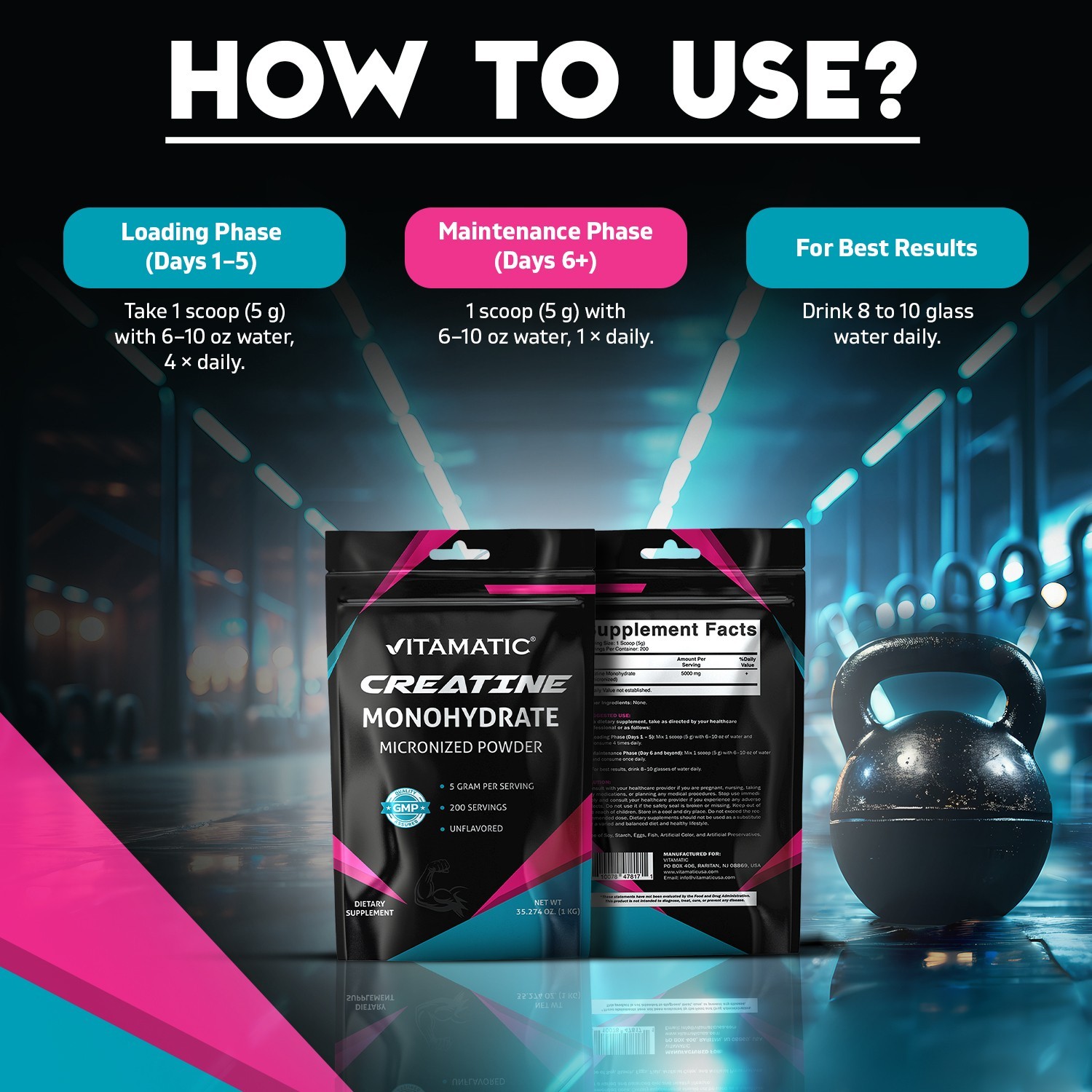 Vitamatic Creatine Monohydrate Powder – 5000 mg Per Serving, 1 kg