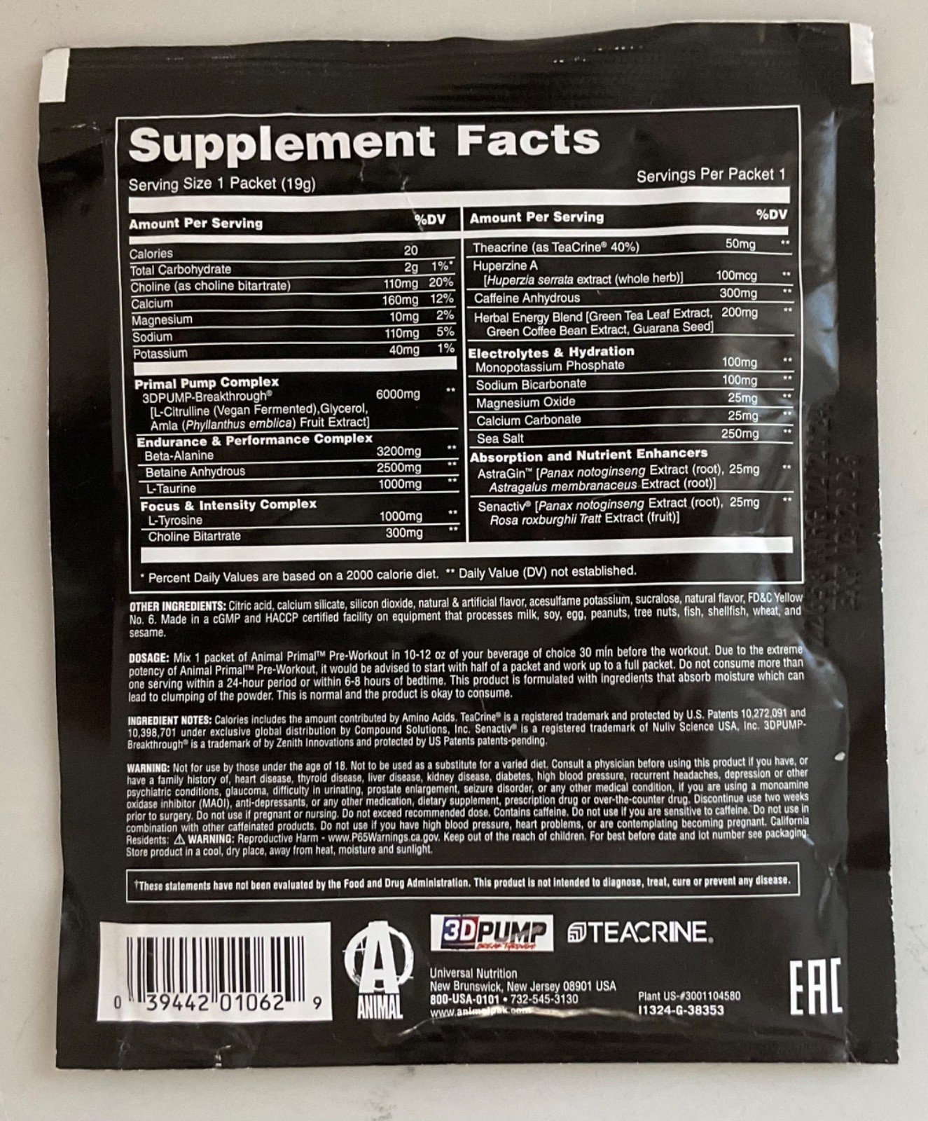 Animal Pre Workout Primal Loaded Wick’d Peach 0.67 oz Single Serving Exp 12/2026