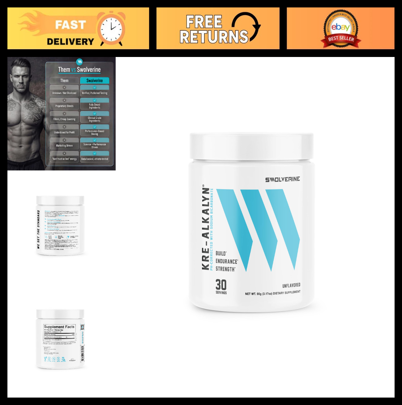 pH-Buffered Kre-Alkalyn Creatine Powder – No Loading, Boost Strength & Power, 30