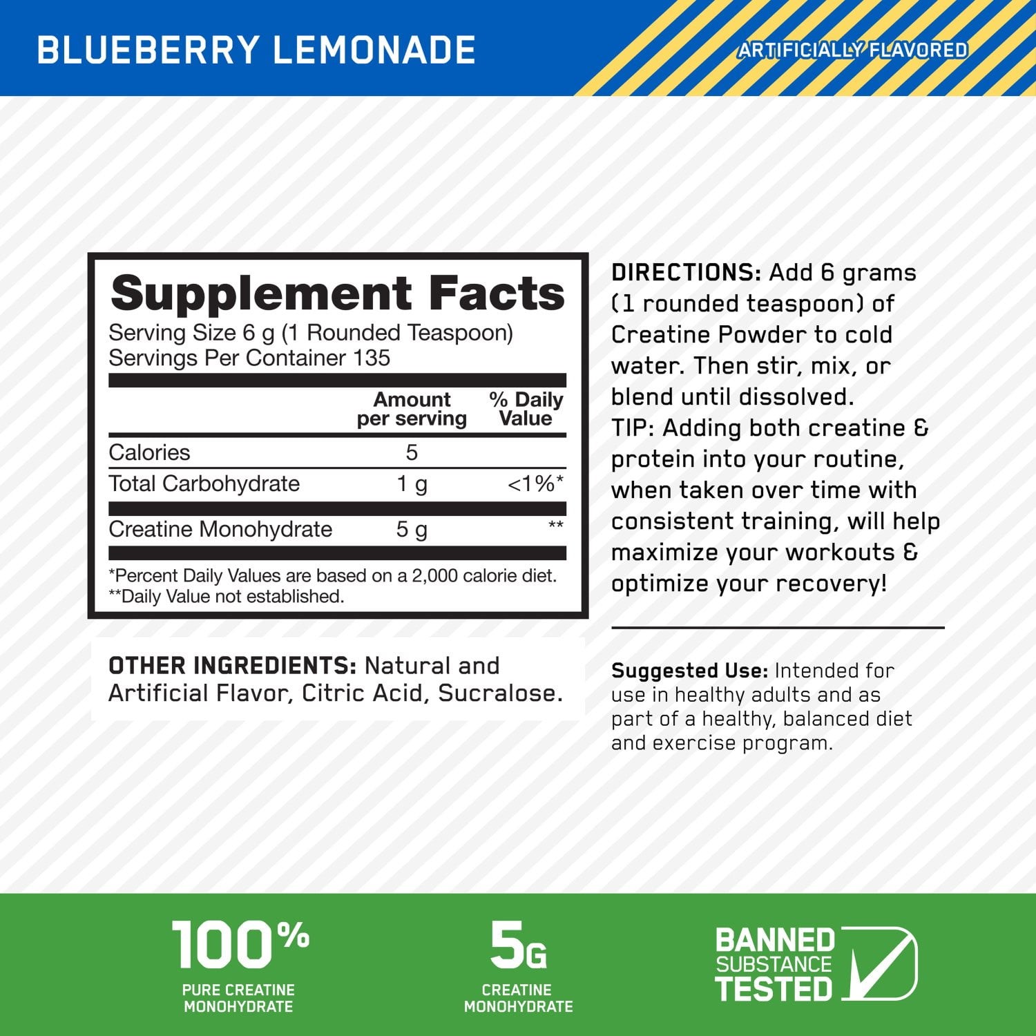 Optimum Nutrition Micronized Creatine Blueberry Lemonade Support Muscle Building