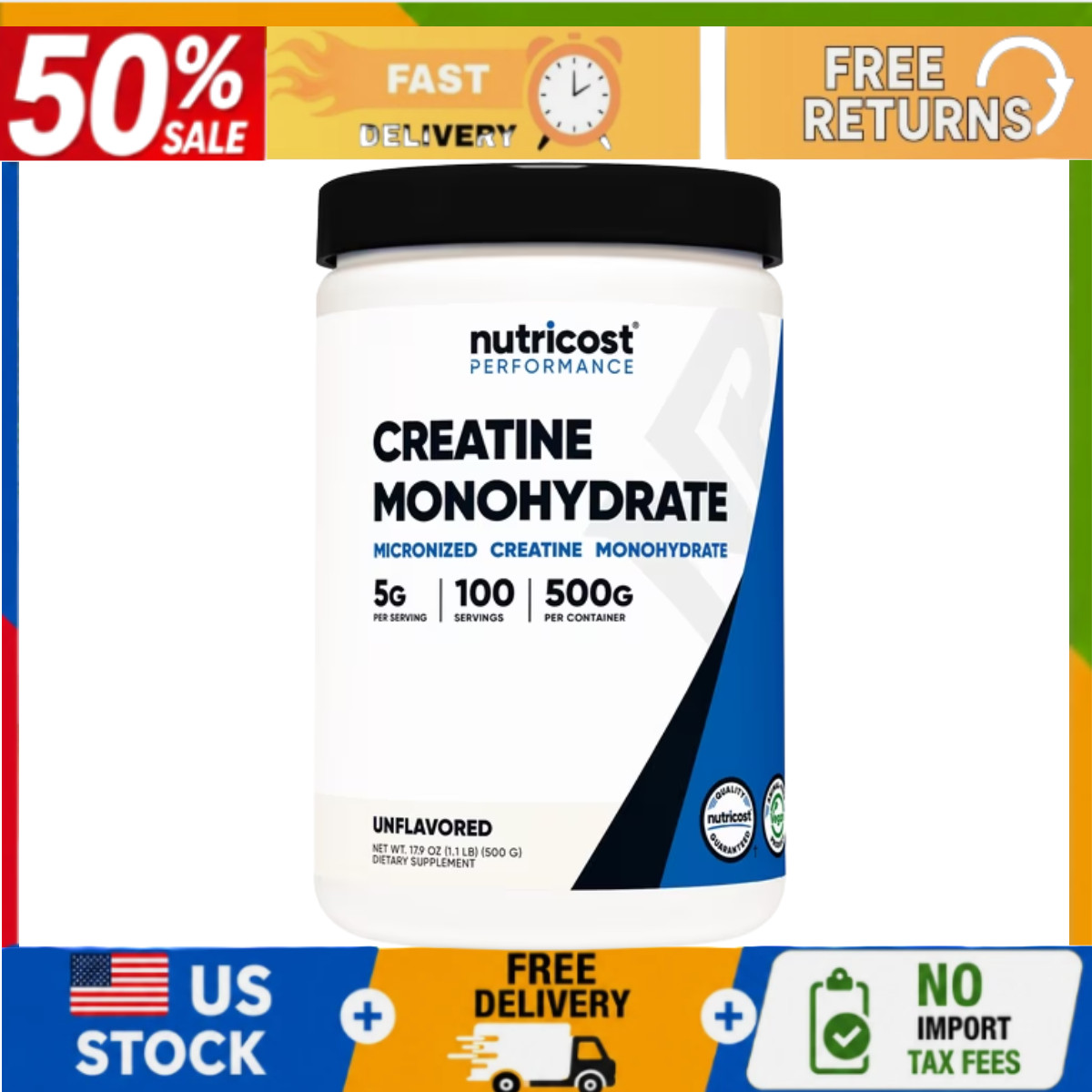 Nutricost Creatine Monohydrate Powder Micronized Unflavored 500g 100 Servings US