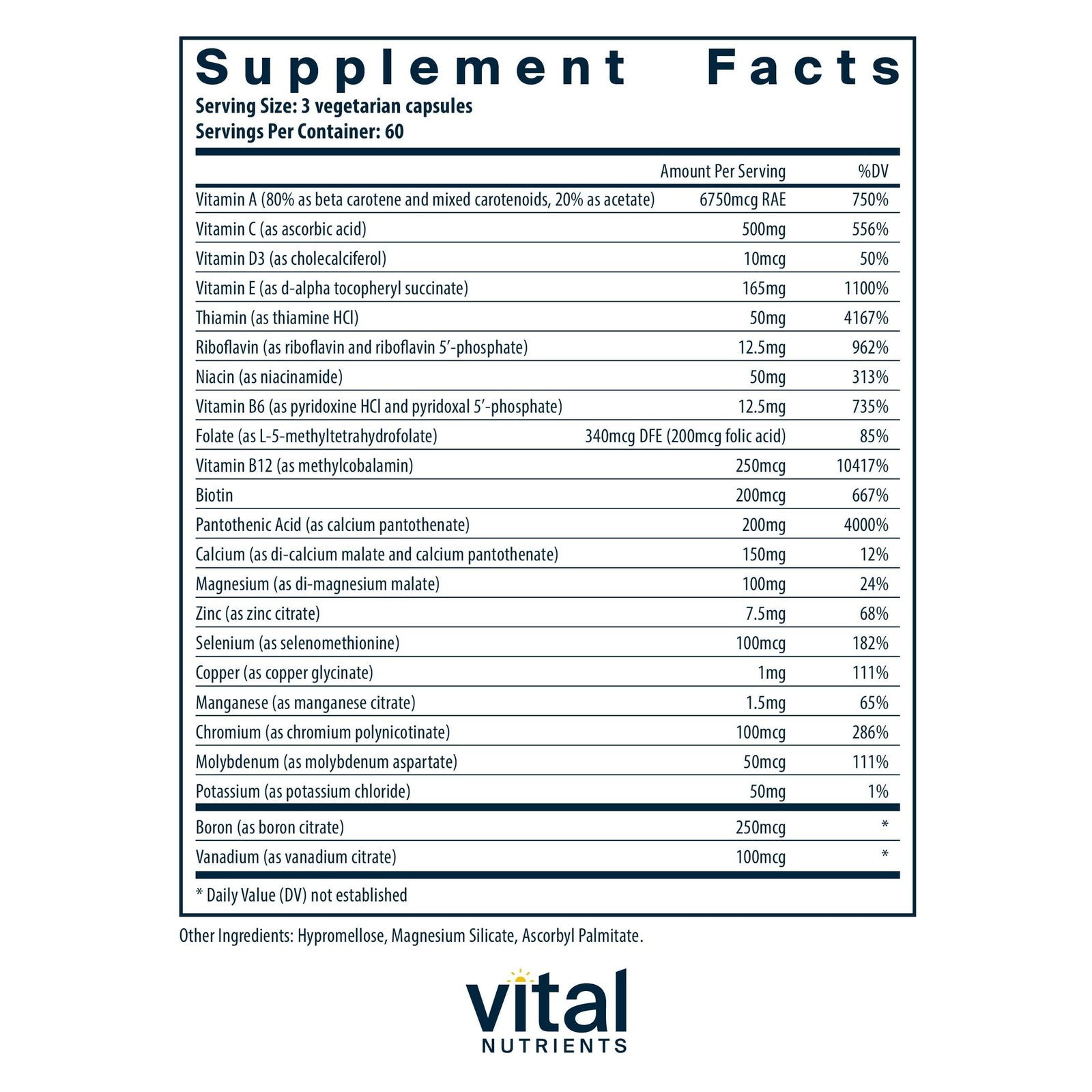 Vital Nutrients Multi-Nutrients No Iron/Iodine Vegetarian Multivitamin 180 Caps