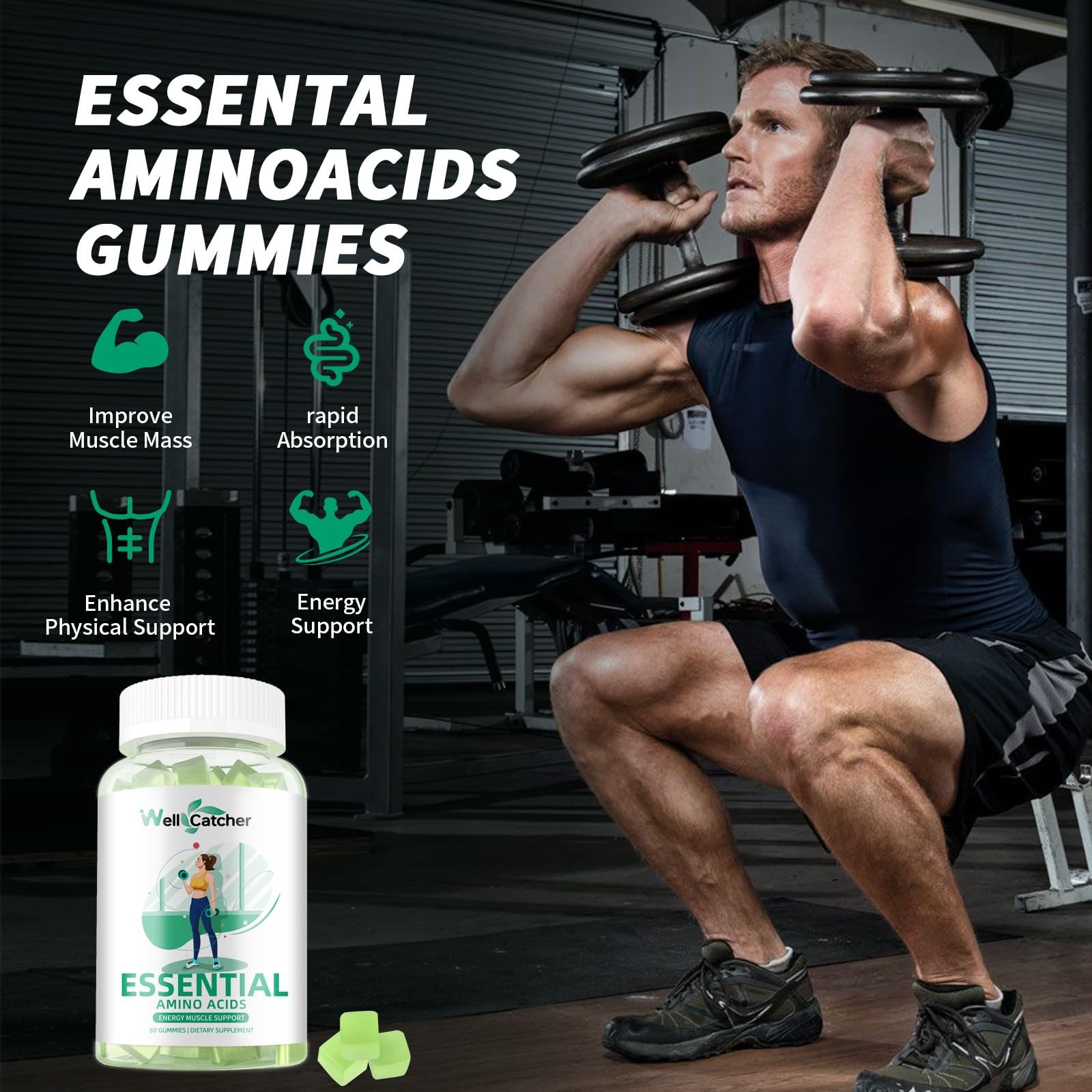 EAA Gummies All 9 Essential Aminos BCAAs Sugar Free 30 Servings Green Apple