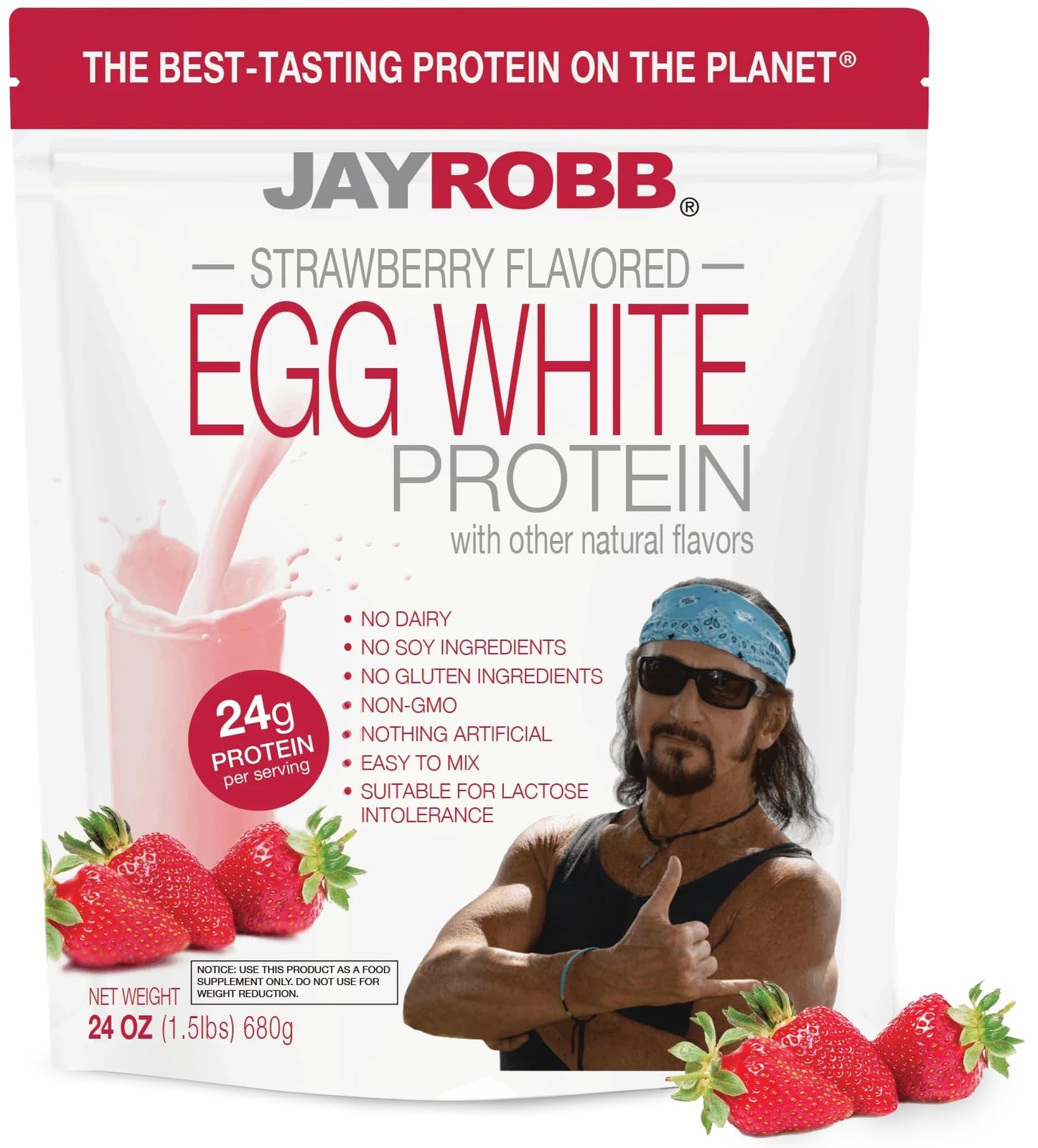 JAYROBB Strawberry Egg White Protein Powder 24 oz, 1.5 lb for Muscle Recovery