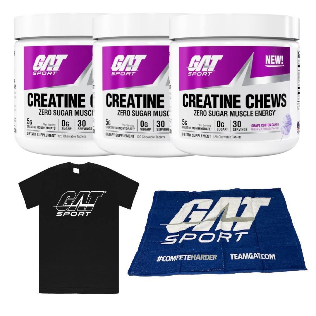 GAT Creatine Chews 30 Servings 3 Pack Grape Cotton Candy + (Towel & XL Black T