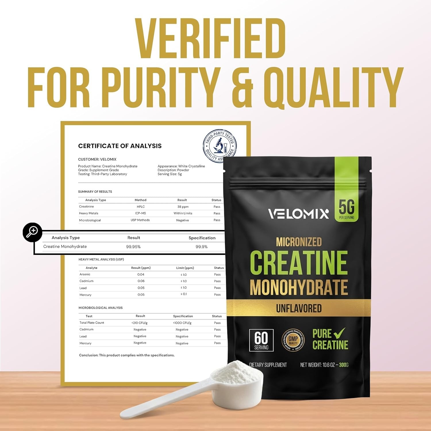VELOMIX Creatine Monohydrate 5g 5000mg 60 Servings 100% Pure Creatine Powder