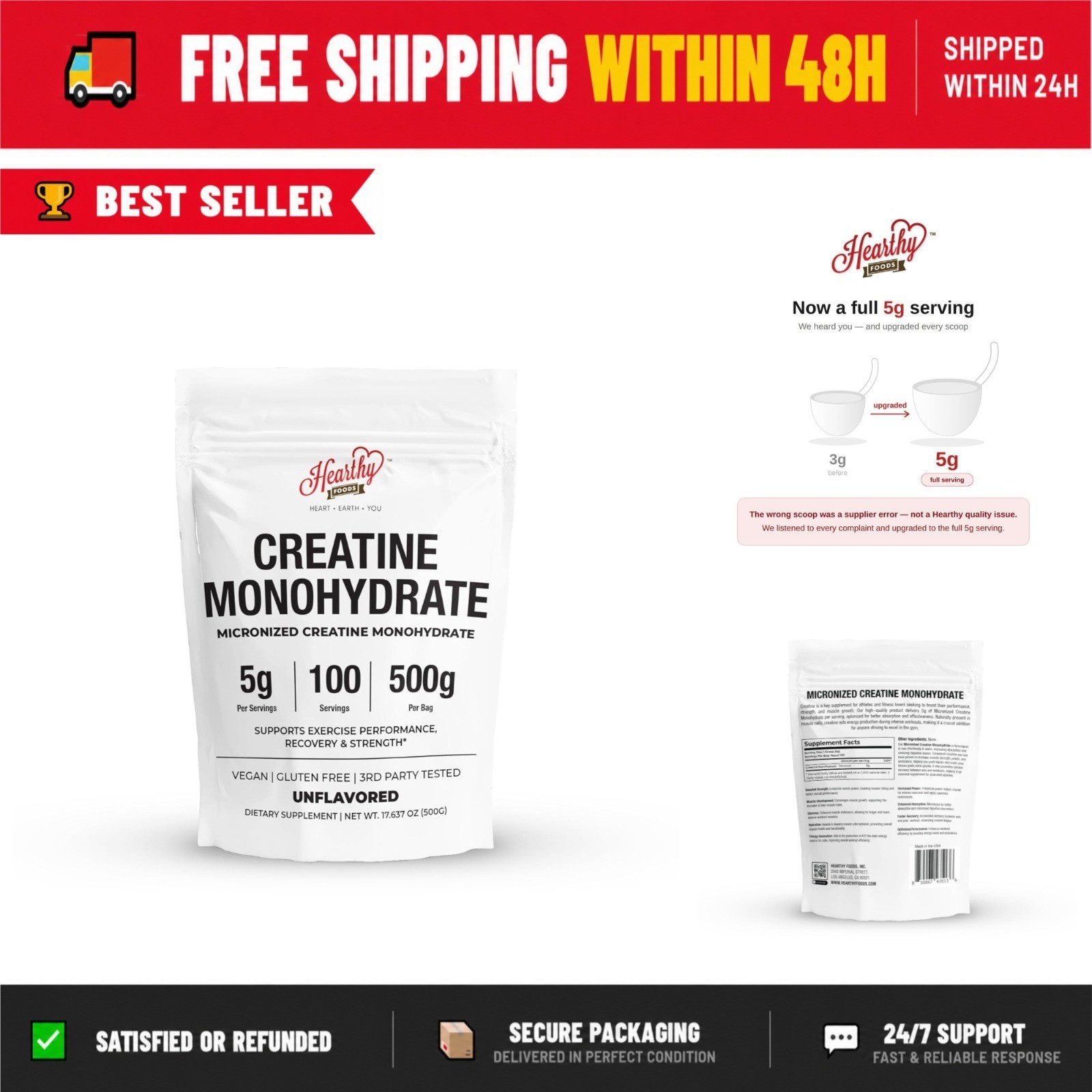 HEARTHY FOODS Creatine Monohydrate Powder 500g – Muscle Growth & Recovery