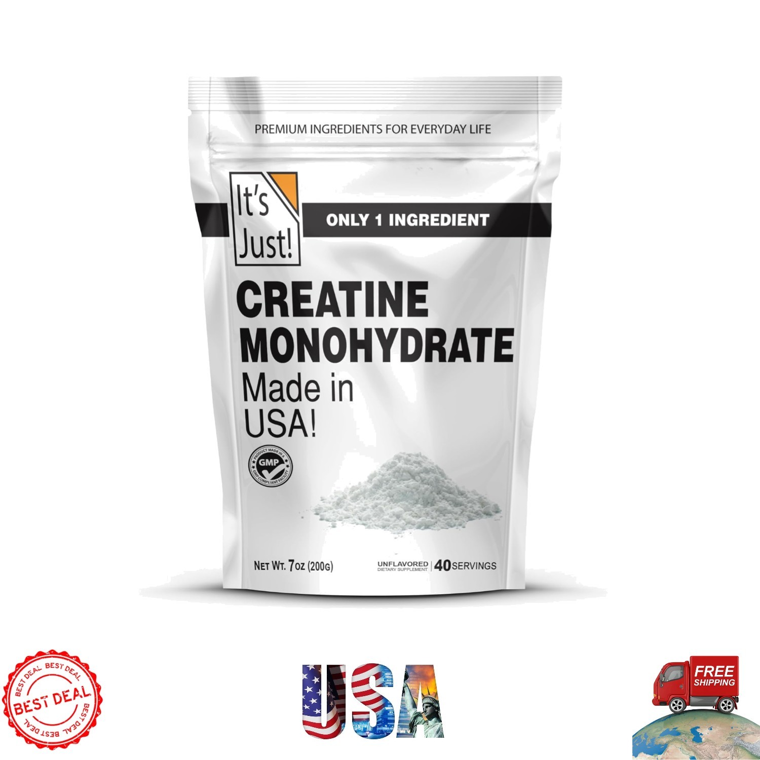 Unflavored Creatine Monohydrate, 200g – 3rd Party Tested, 100 servings Included