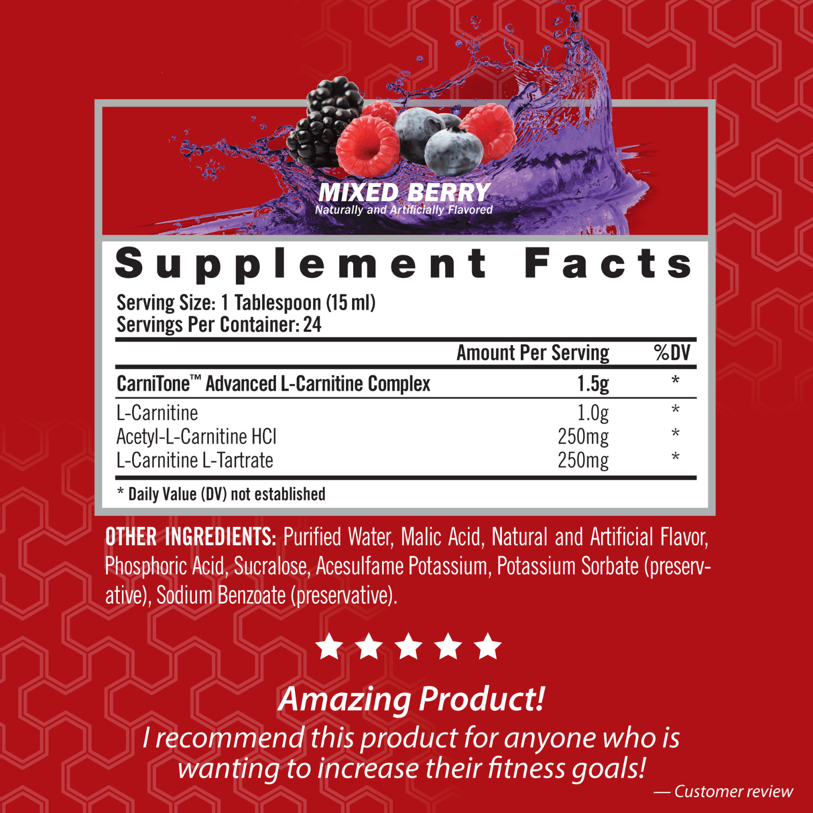 L-CARNITINE Fat Loss – Metabolism Activator – Mixed Berry 1500mg / 24 Servings