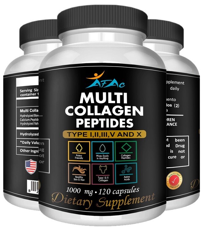 Collagen Peptides 1000 Mg Hydrolyzed Anti-Aging Types I,II,III,V,X 120 CAPSULES