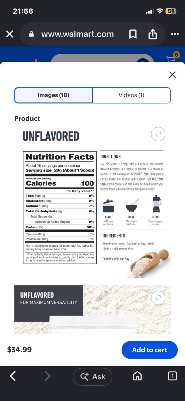 Isopure Zero Carb Whey Protein Isolate Unflavored 1lb 25g Protein 16 Serv
