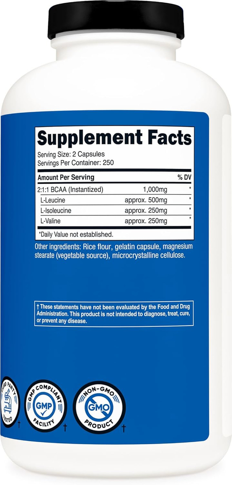 BCAA 1000Mg, 500 Capsules (250 Serv), 2:1:1 Branched Chain Amino Acids (500Mg of