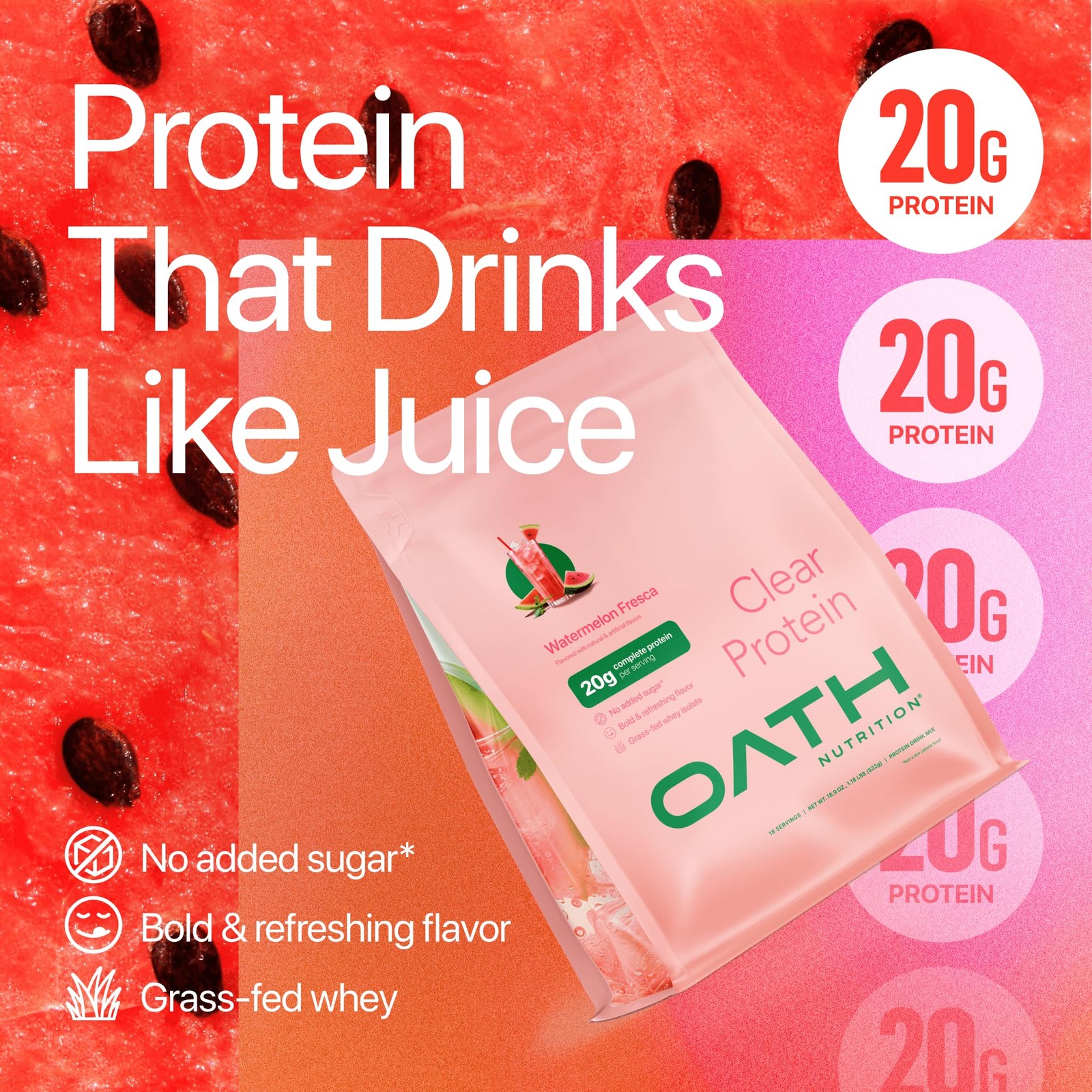 Oath Nutrition Clear Whey Isolate Protein Powder Watermelon Fresca 20g Grass-Fed
