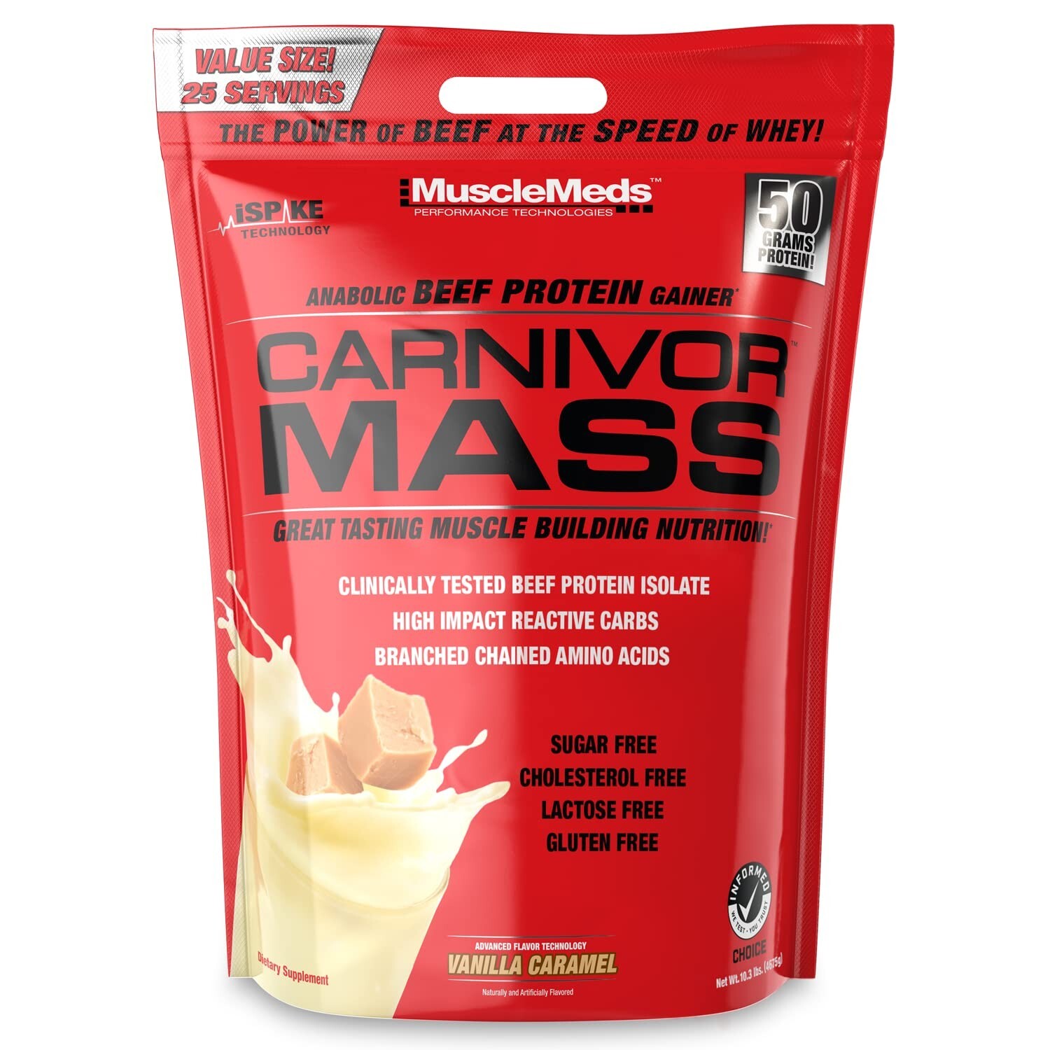 MuscleMeds Carnivor Mass Anabolic Beef Protein Gainer, Vanilla Caramel, 10 Po…